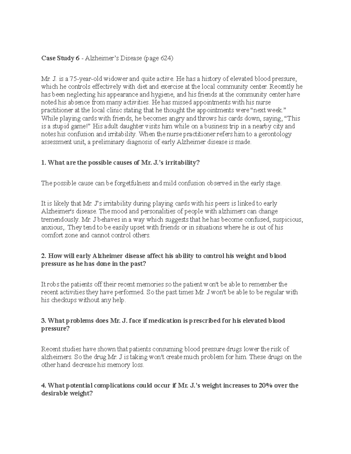 Case Study Alzheimer’s Disease and Hodgkins Case Study 6 Alzheimer