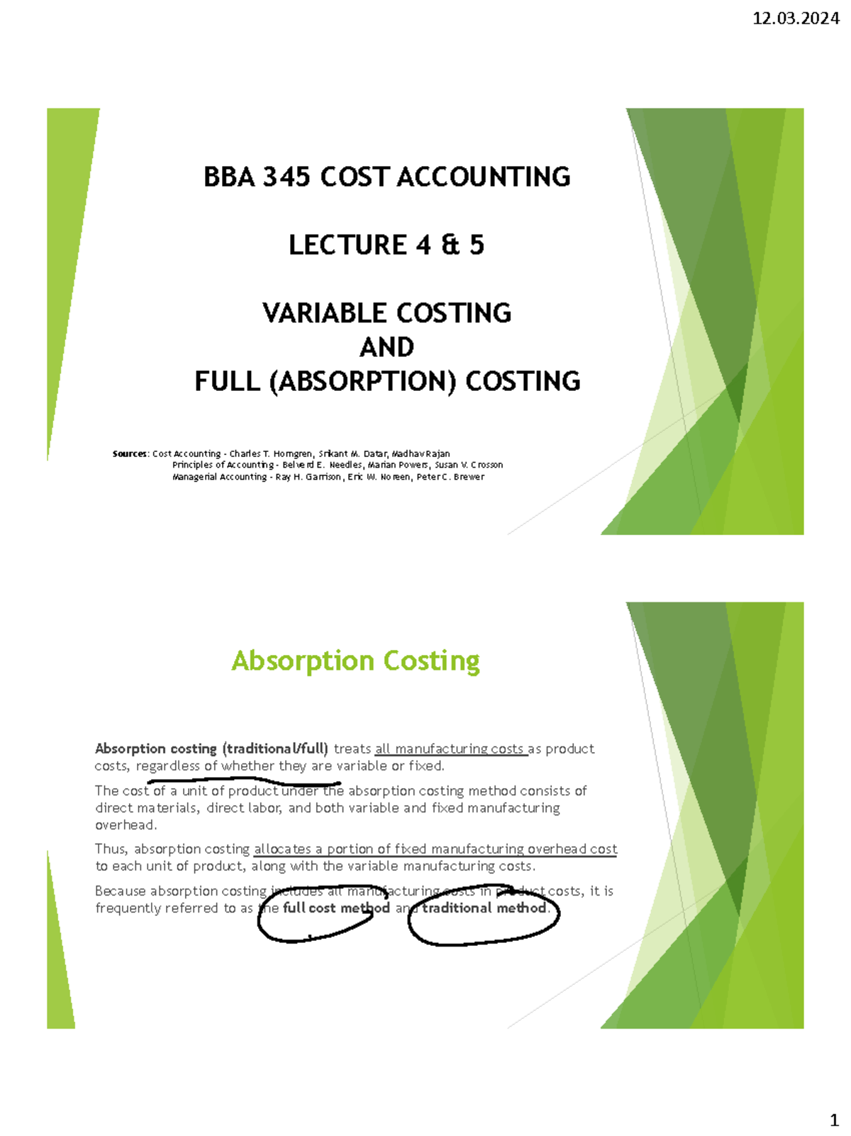 Lecture 4 5 - Variable Costing And Absorption Costing - BBA 345 COST ...