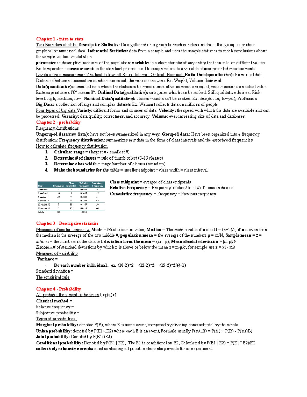 Bu255 cheat sheet - Chapter 1 - intro to stats Two Branches of stats ...