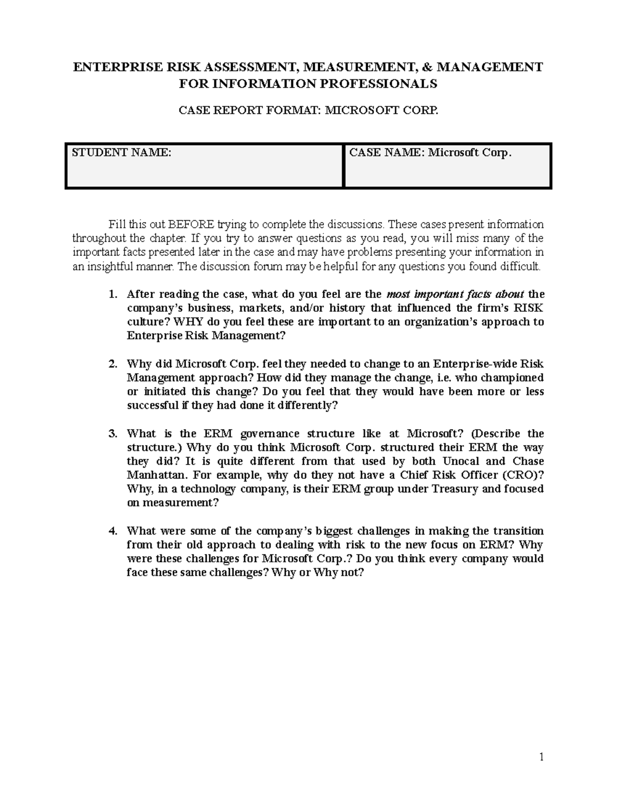 Microsoft worksheet - Assignments - ENTERPRISE RISK ASSESSMENT ...
