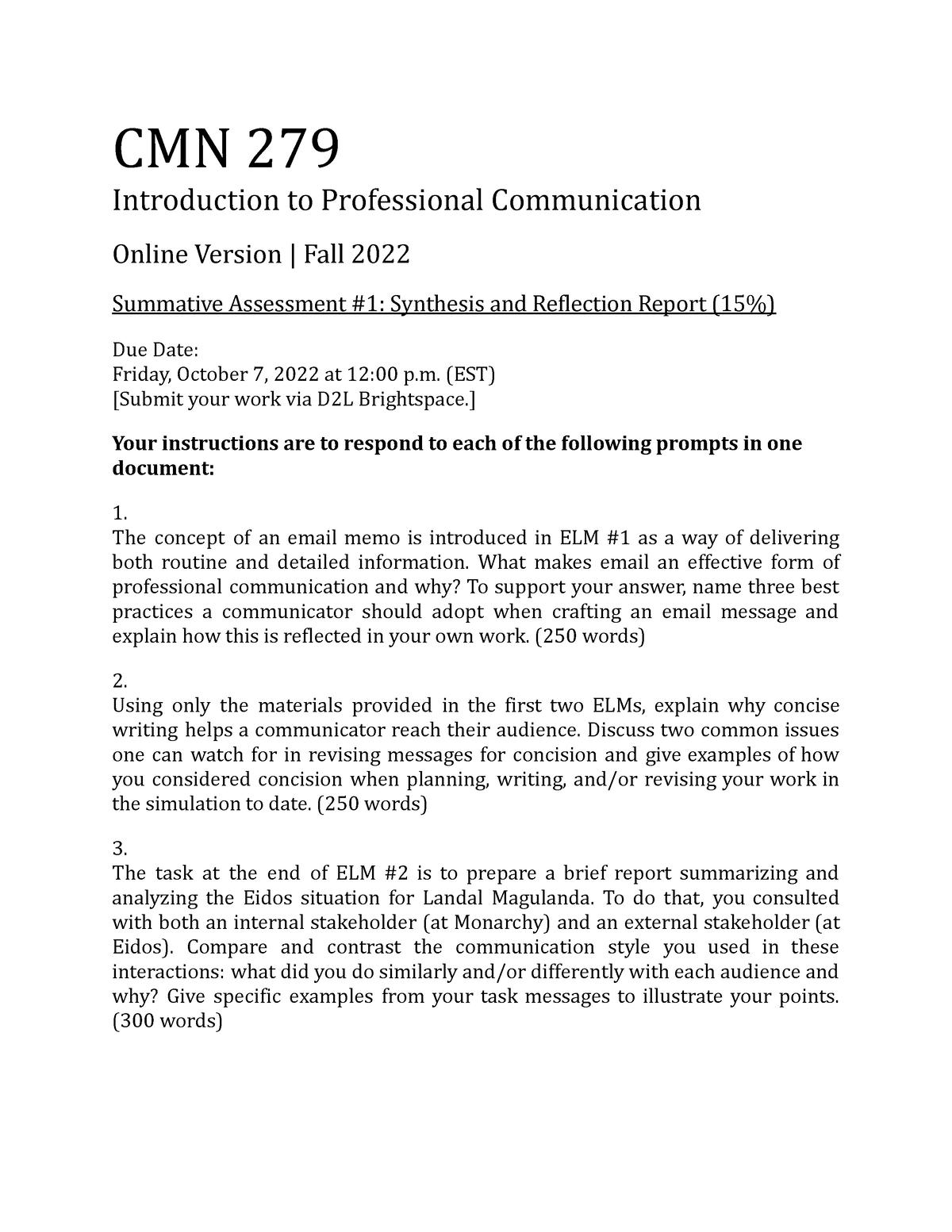 CMN279 - Assignment Instructions (SA #1) - CMN 279 Introduction to  Professional Communication Online - Studocu