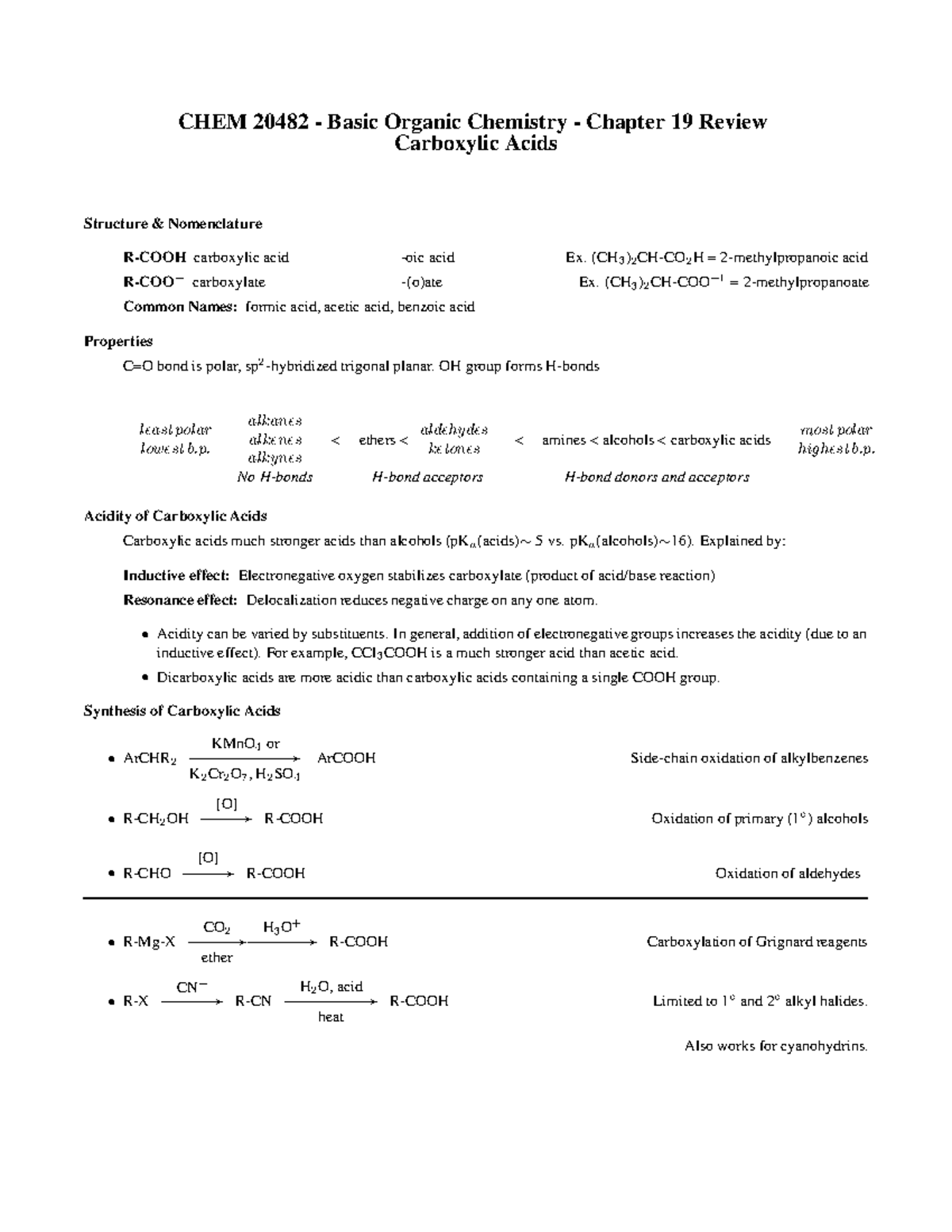 Summary - Chapter 19 review - CHEM 20482 Basic Organic Chemistry ...
