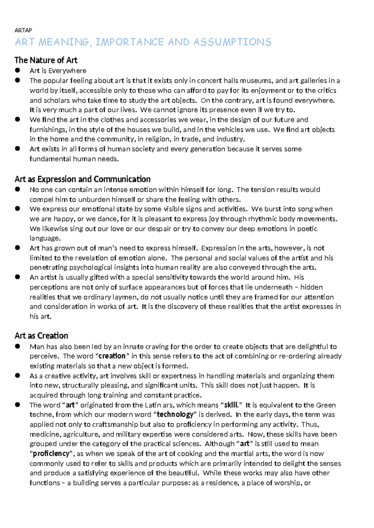 Artap - ART MEANING, IMPORTANCE AND ASSUMPTIONS The Nature of Art Art