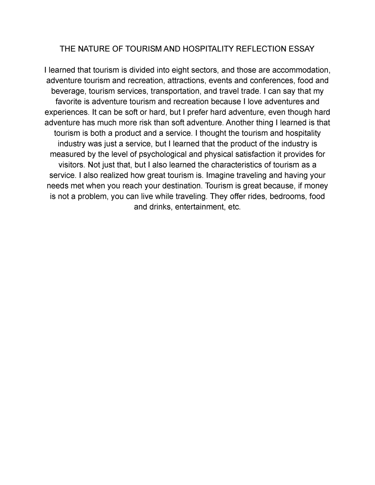 tourism and hospitality essay