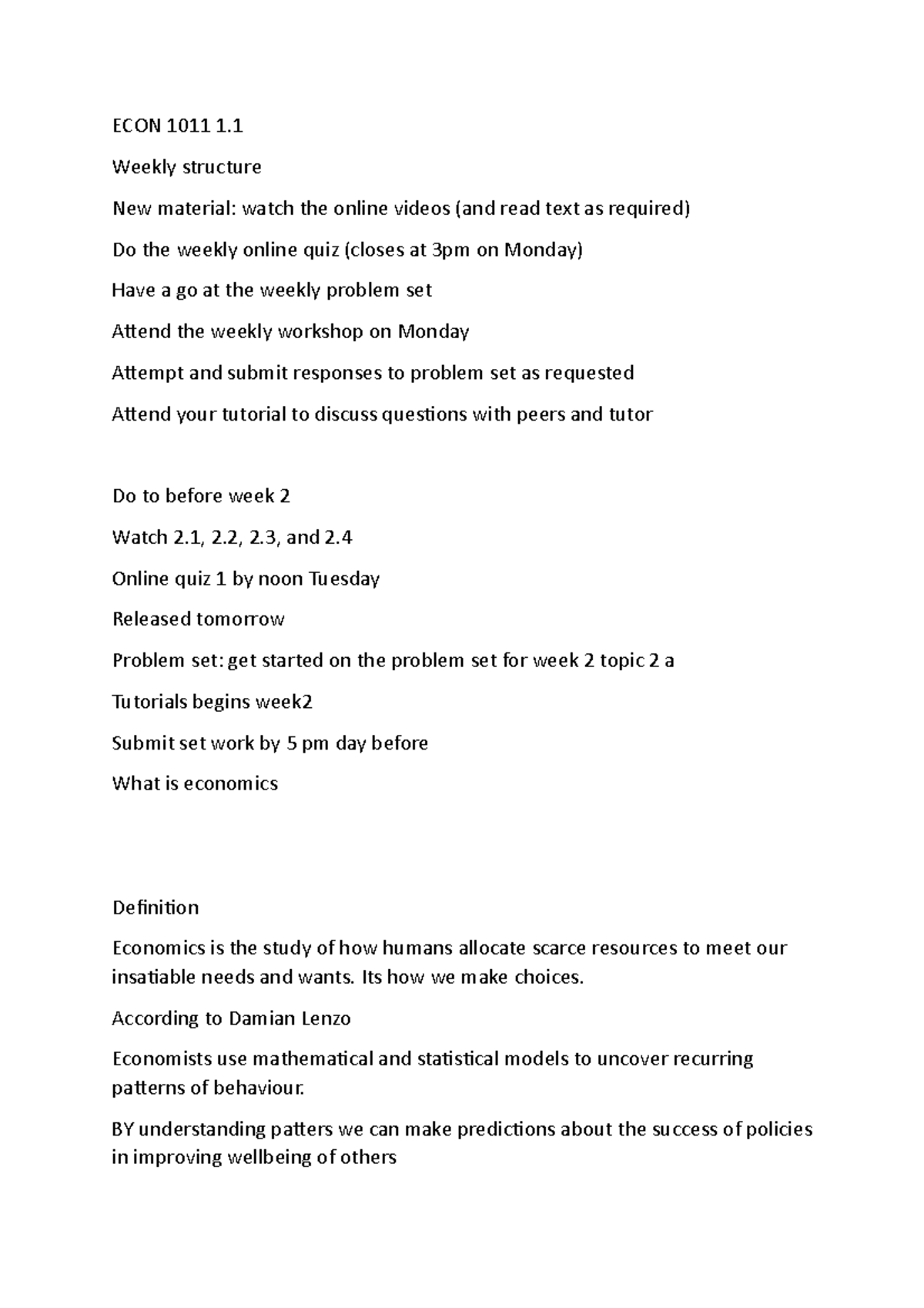 ECON 1101 1 - LECTURE NOTES ON TOPIC 1 - ECON 1011 1. Weekly structure ...