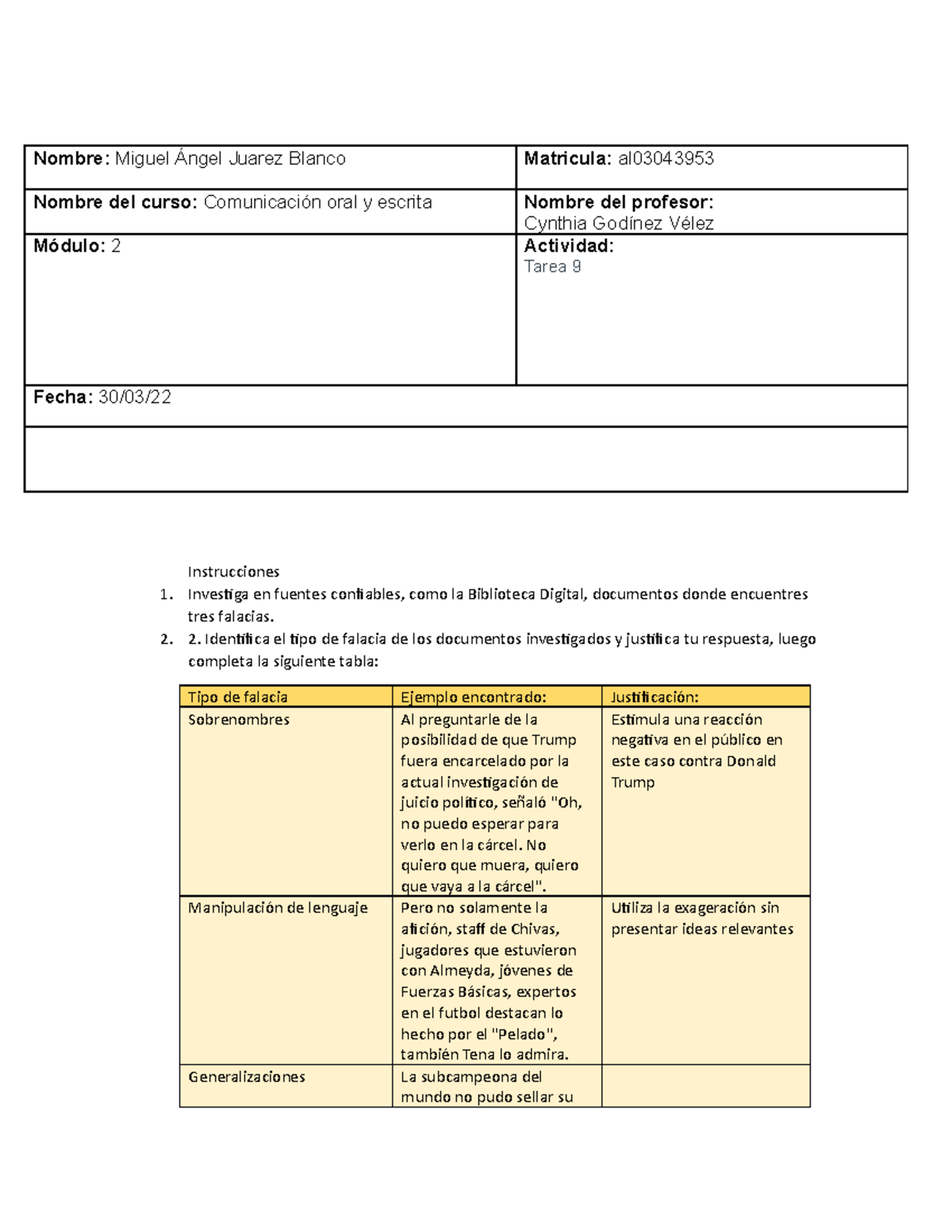 Tarea 9 De Comunicación Oral Y Escrita - Nombre: Miguel Ángel Juarez ...