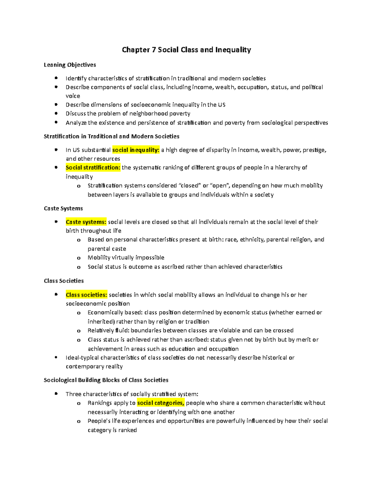 Sociology Chap 7 Notes Social Class And Inequality Siue Studocu