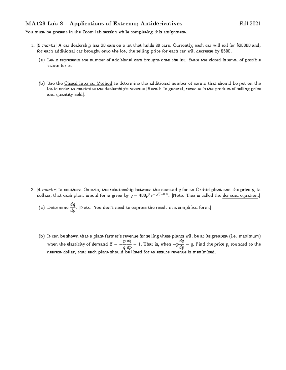 129Assignment 8 LAB ASSIGNMENT number 8 ANd - MA129 - WLU - Studocu