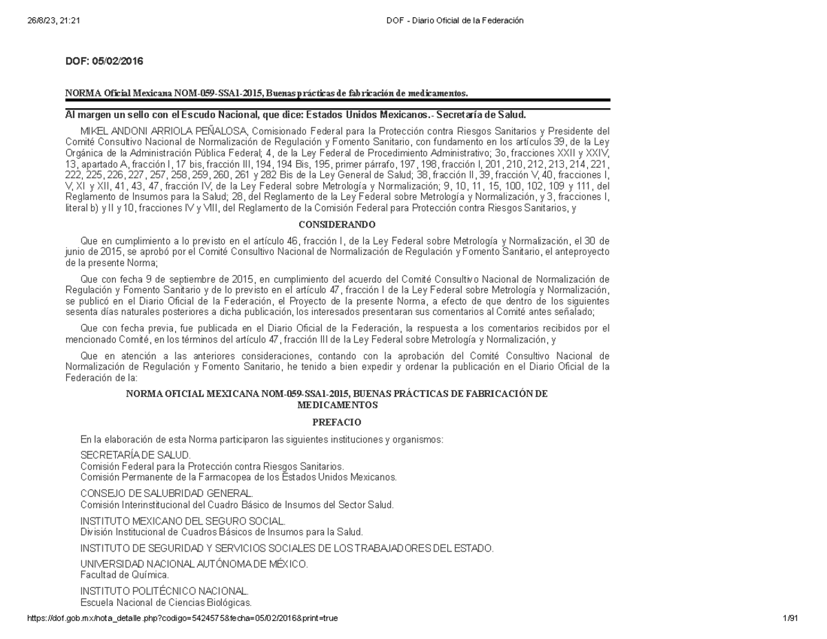 NOM-059-SSA1-2015 , Buenas prácticas de fabricación de medicamentos