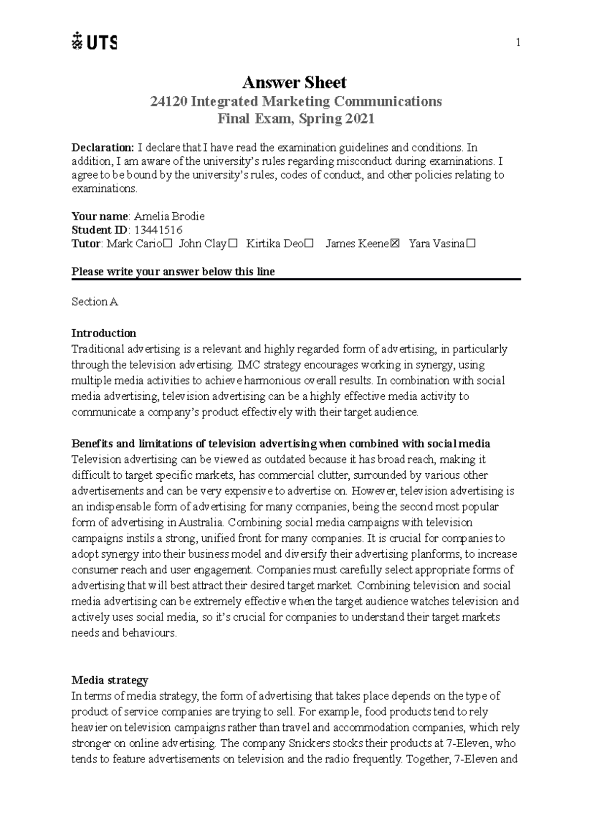 01- Answer Sheet, 24210 IMC Final Exam - Answer Sheet 24120 Integrated ...