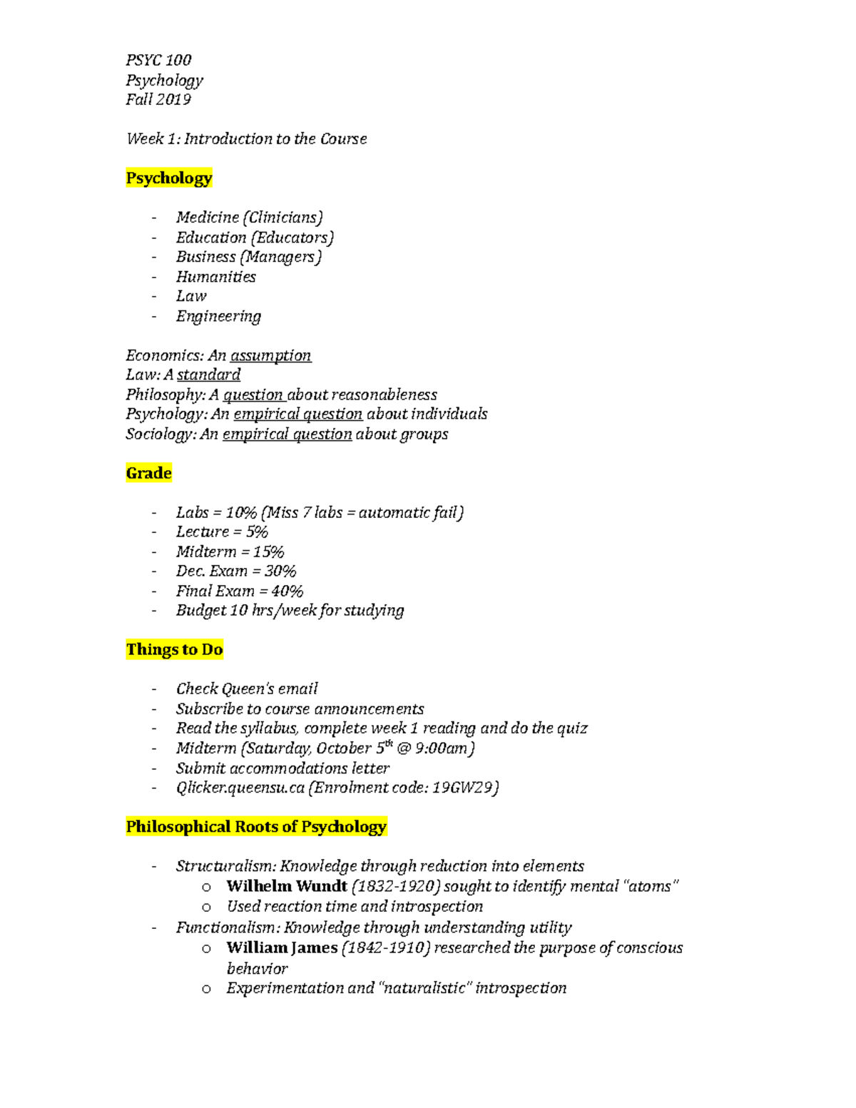 PSYC 100 Lecture 1 - PSYC 100 Psychology Fall 2019 Week 1: Introduction ...
