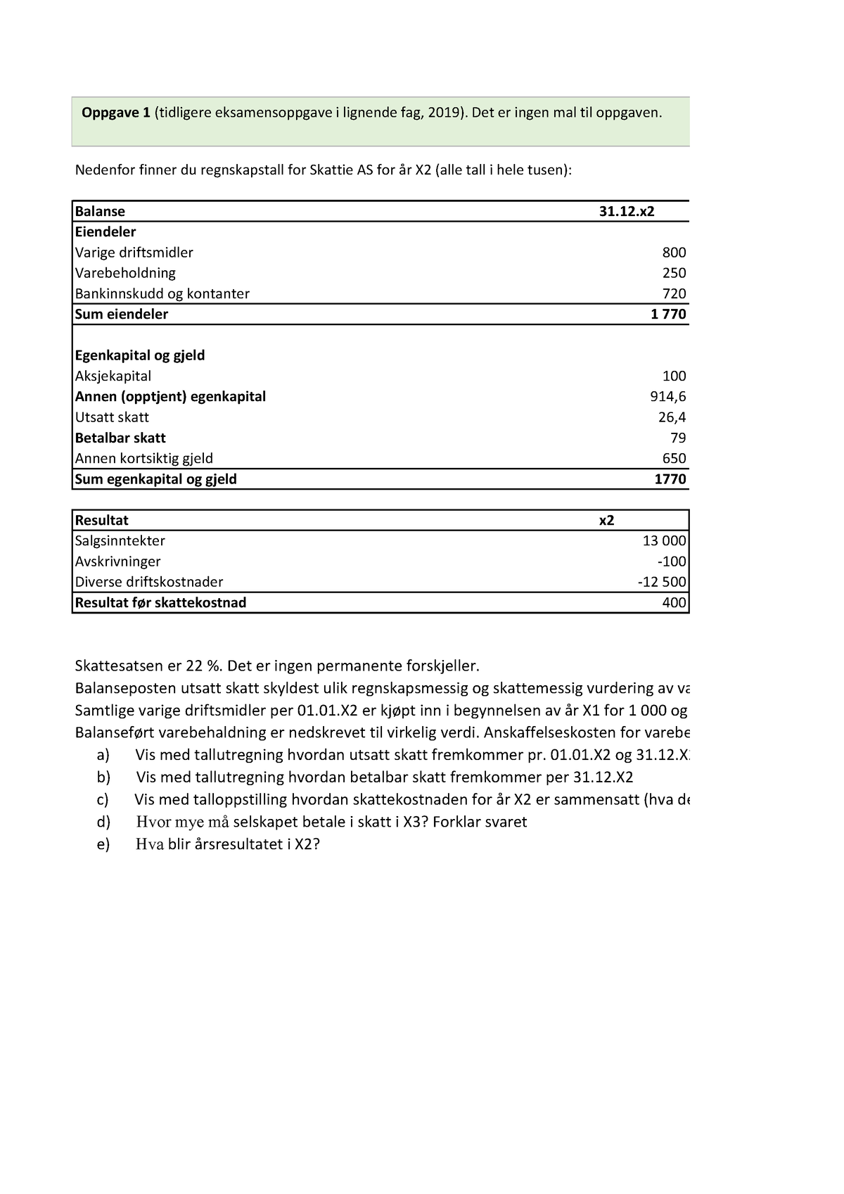 Oppgaveseminar 7 - Løsning, Skatt Og Regnskap Oppgave 1 Finansregnskap ...