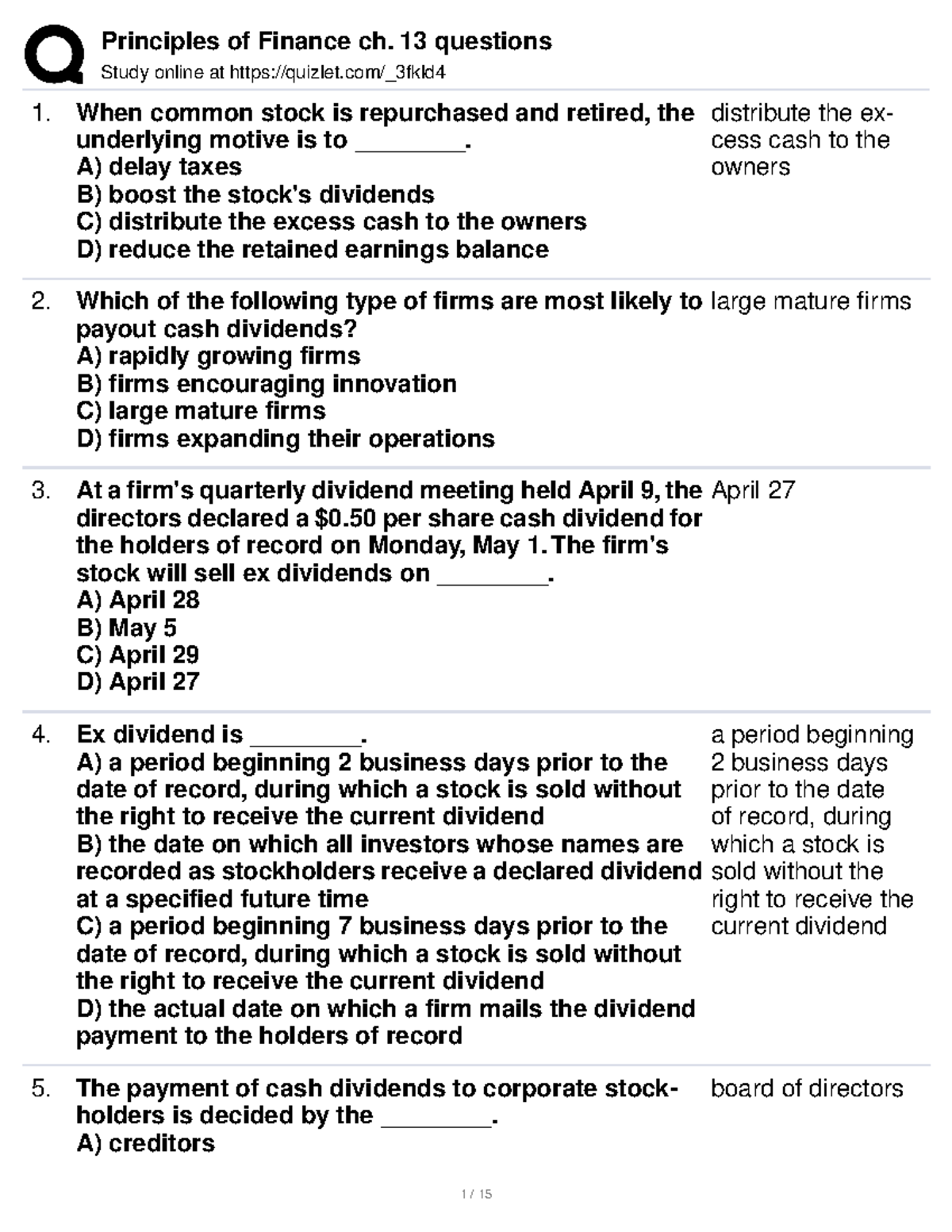 Principles OF Finance, Chapter 13 Study online at quizlet/_3fkld When