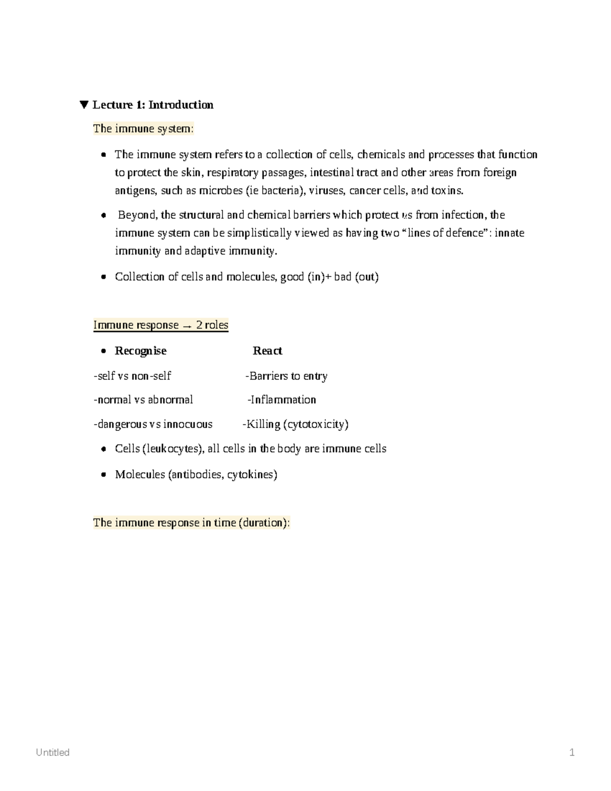 Lecture 1 notes - Lecture 1: Introduction The immune system: The immune ...