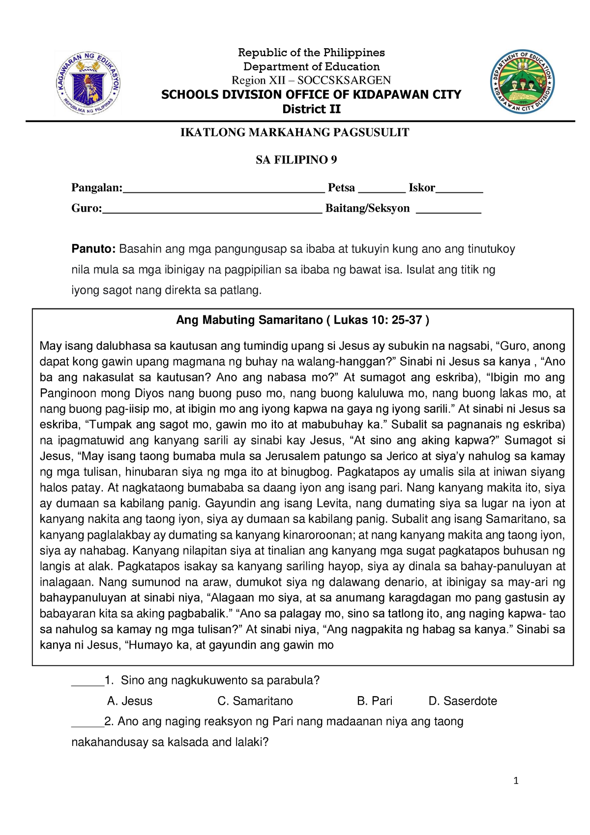 G9 Exam Filipino 4th Quarter - IKATLONG MARKAHANG PAGSUSULIT SA ...