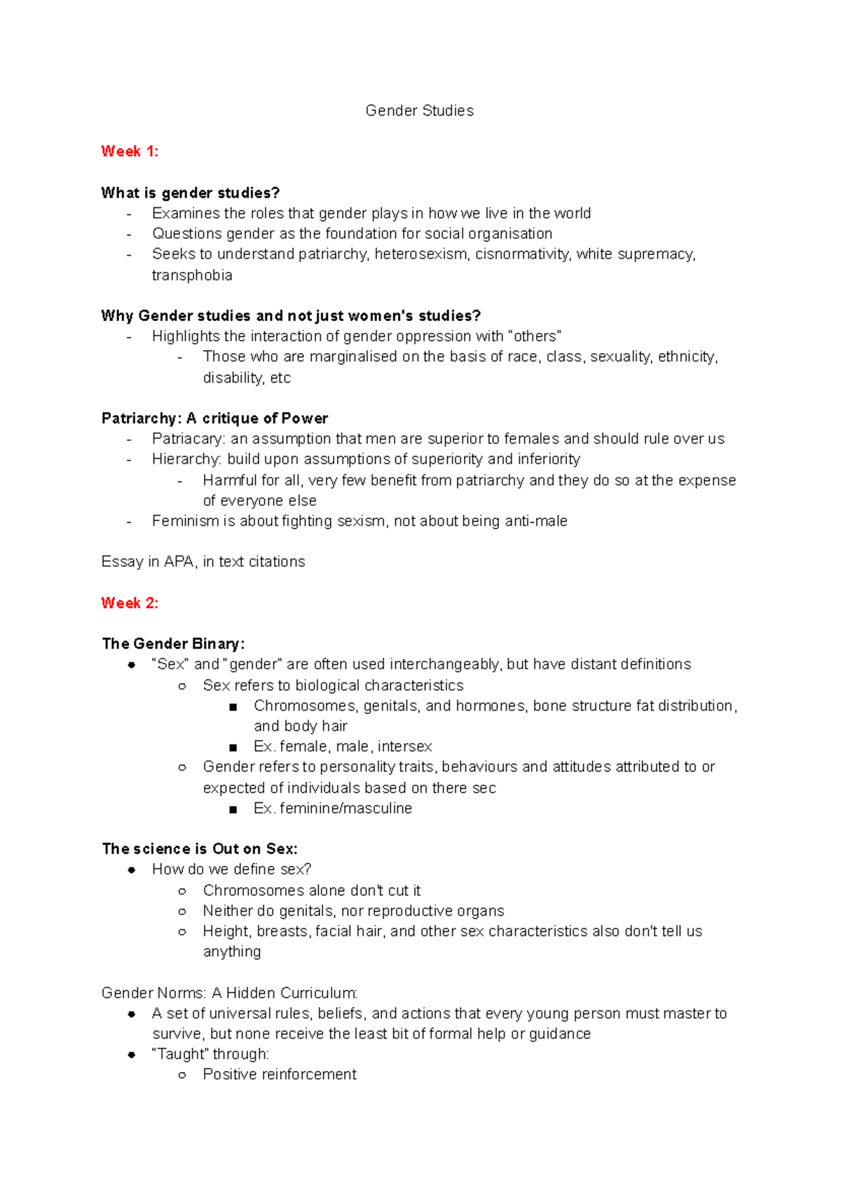 Gender Studies - lecture notes first semester - Gender Studies Week 1 ...