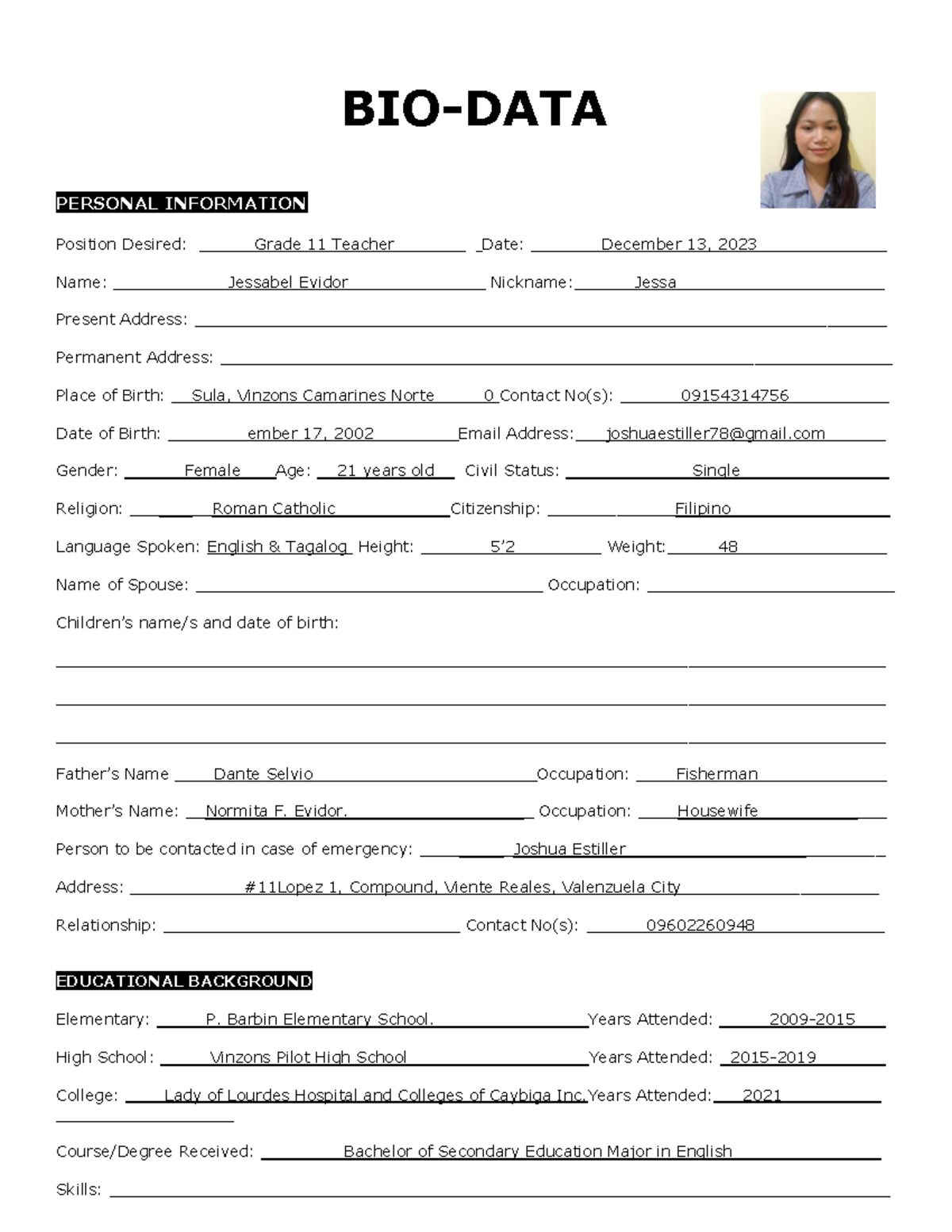 Biodata-Template-Philippines - BIO-DATA PERSONAL INFORMATION Position ...