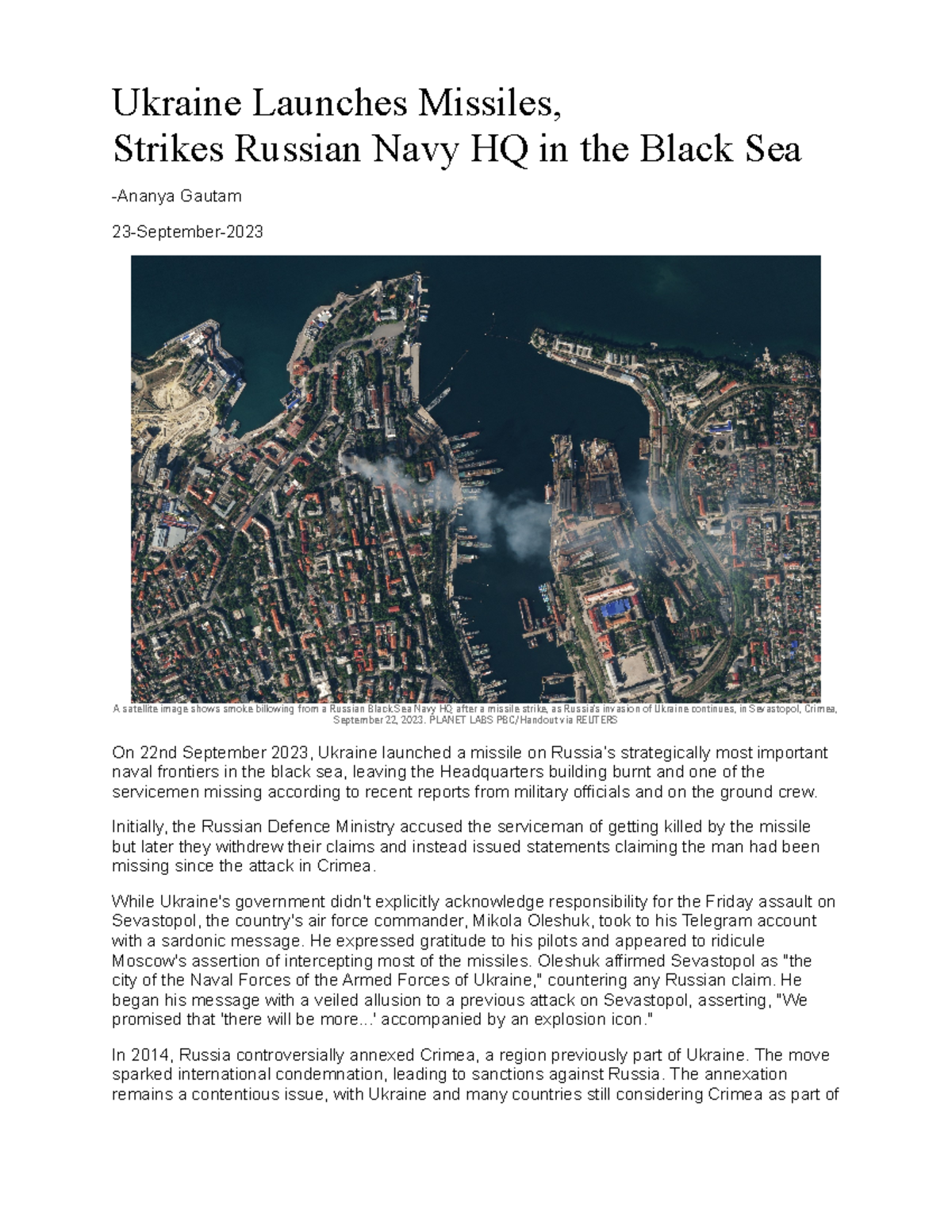 Ukraine - PLANET LABS PBC/Handout via REUTERS On 22nd September 2023 ...