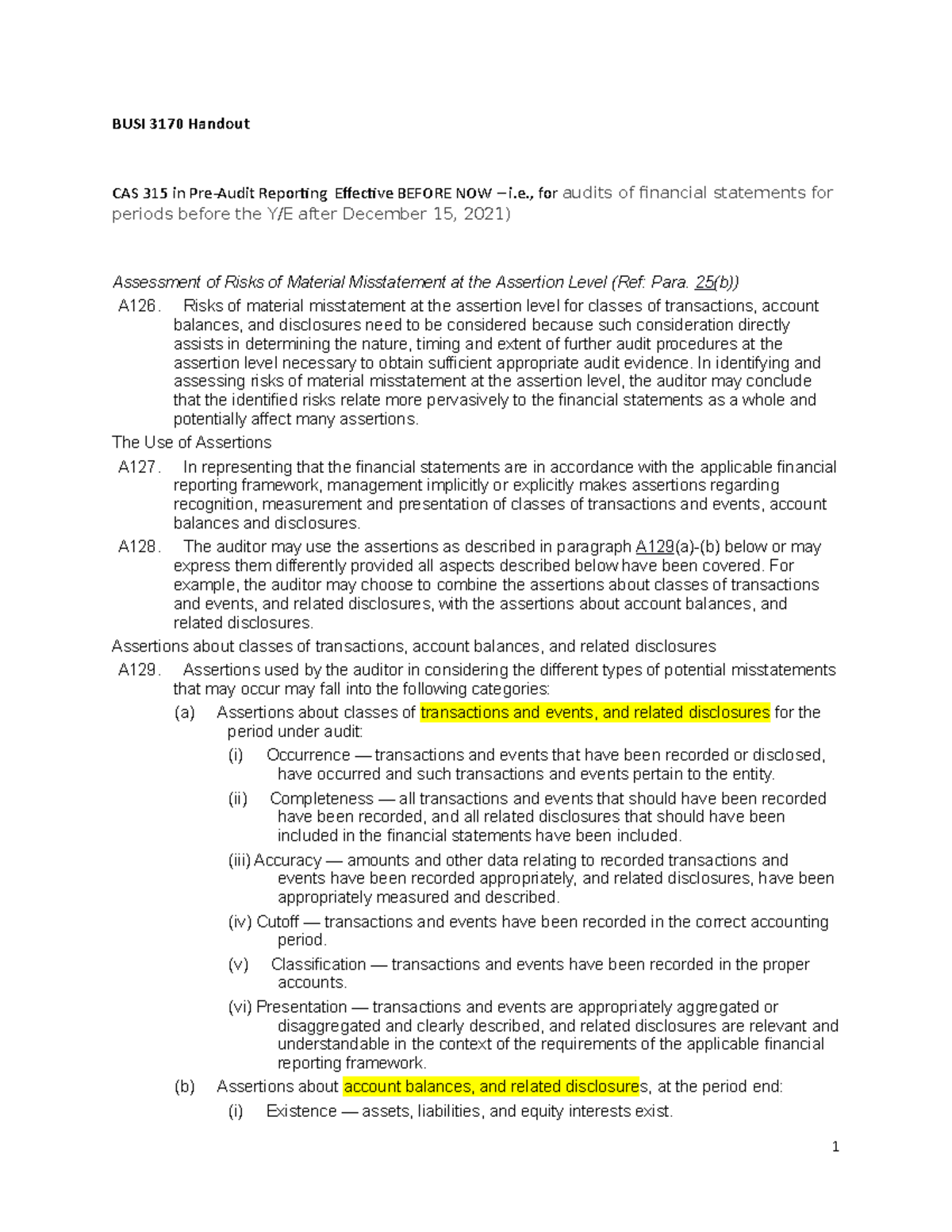 02 CAS 315 PEG assertions Handout 2021 - BUSI 3170 Handout CAS 315 in ...