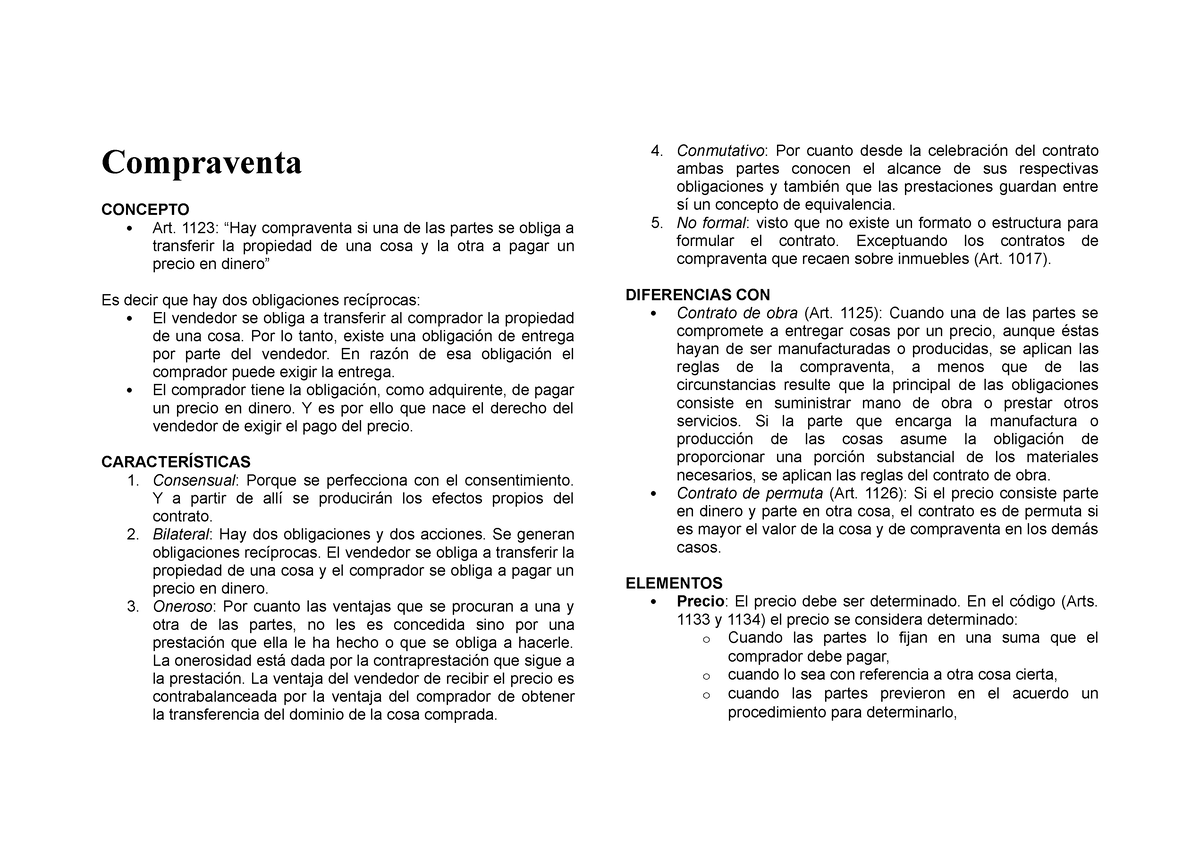 Resumen Contratos Compraventa Concepto Art 1123 “hay Compraventa Si Una De Las Partes Se 7105