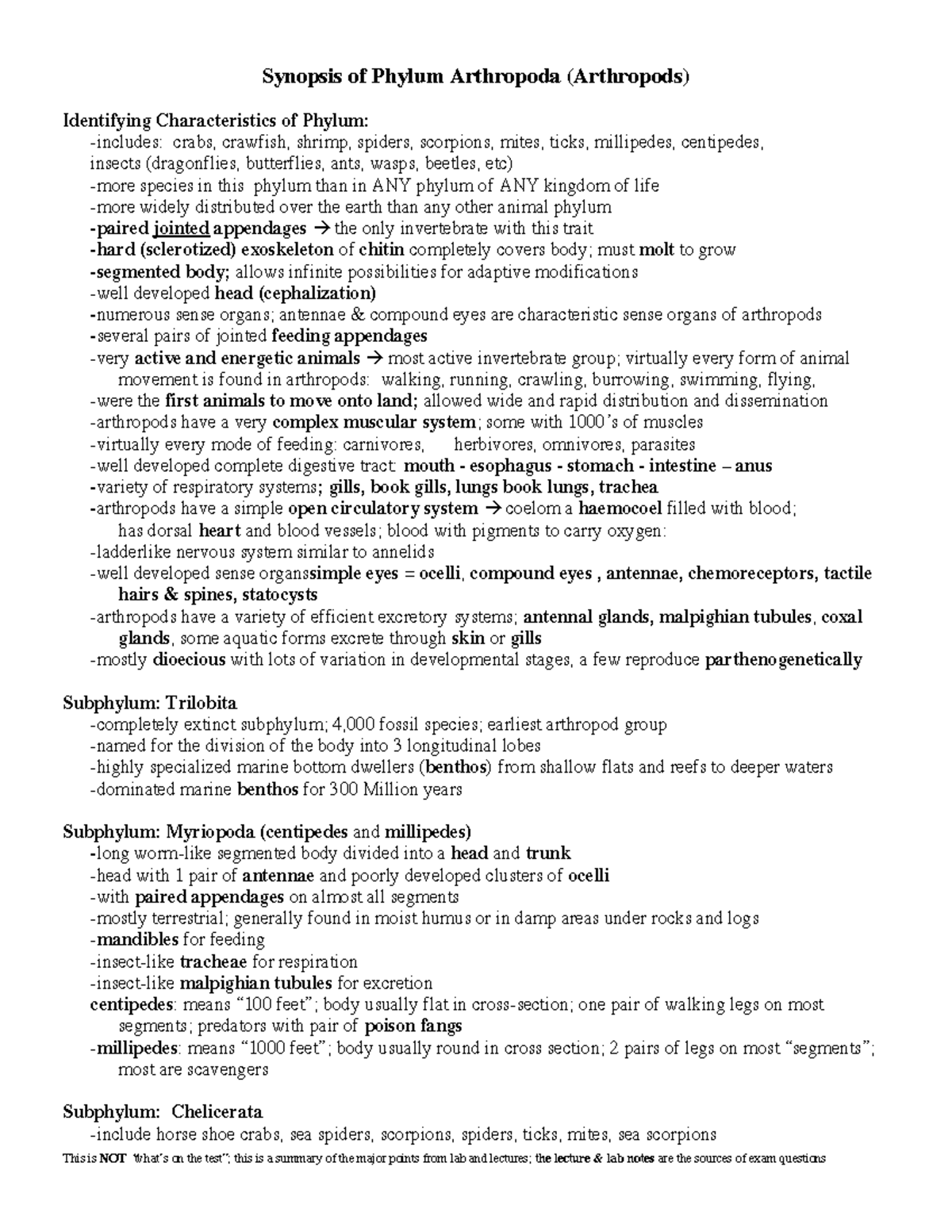 Phylum Arthropoda Notes - This is NOT “what’s on the test”; this is a ...