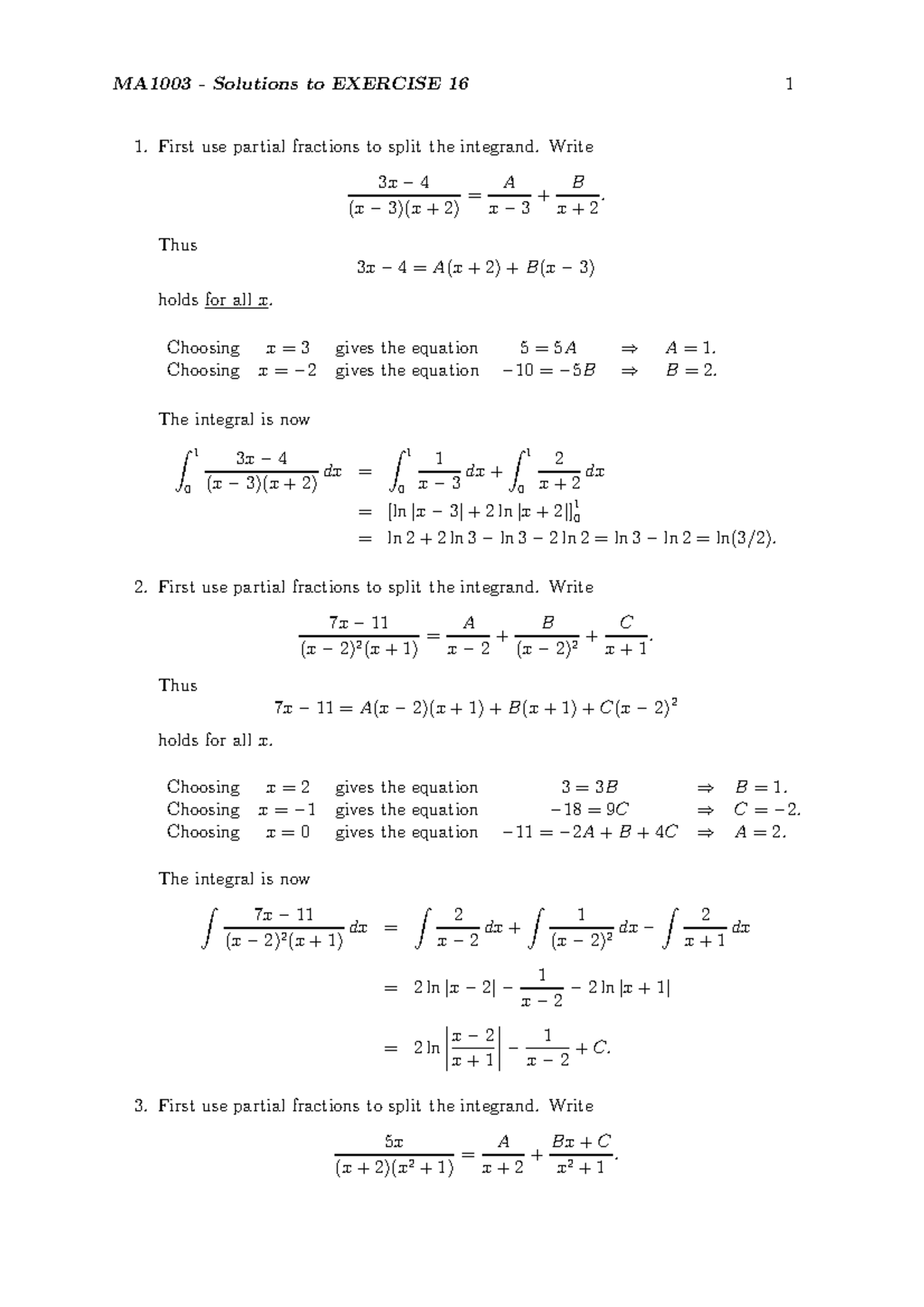 Exercise 16 Solutions - MA1003 - Solutions to EXERCISE 16 1 First use ...