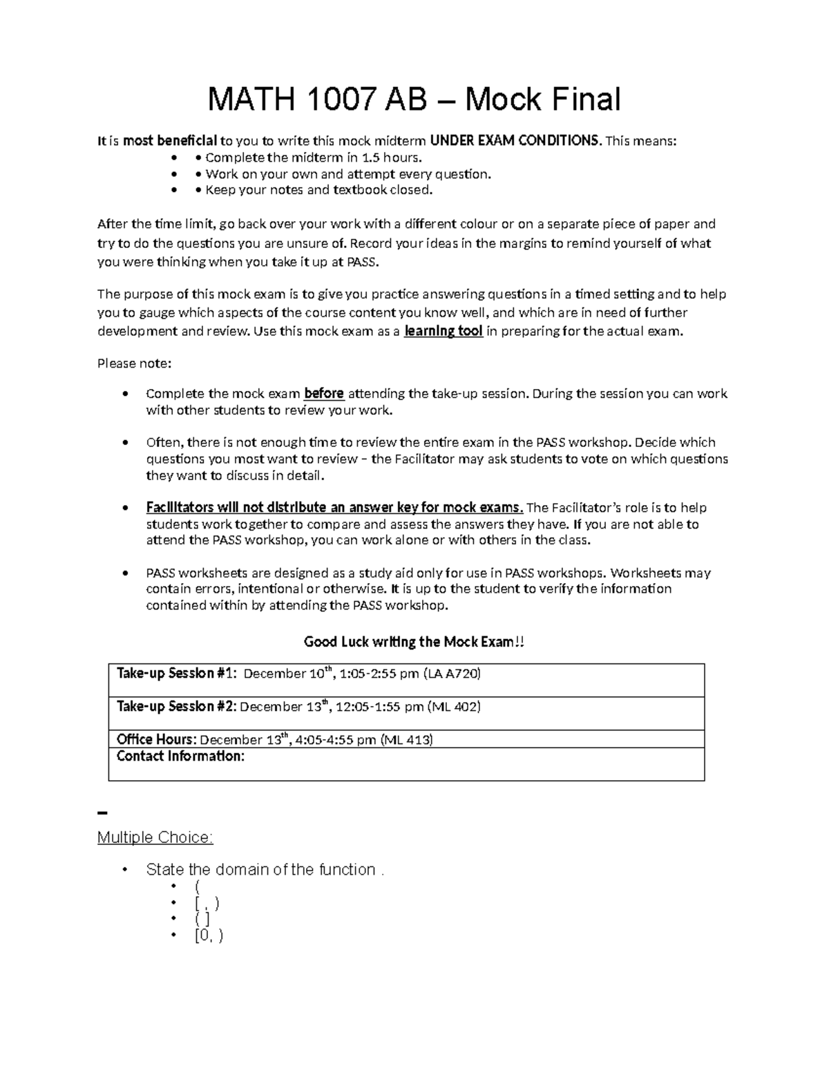 MATH 1007 AB - Mock Final 1 - MATH 1007 AB – Mock Final It is most ...