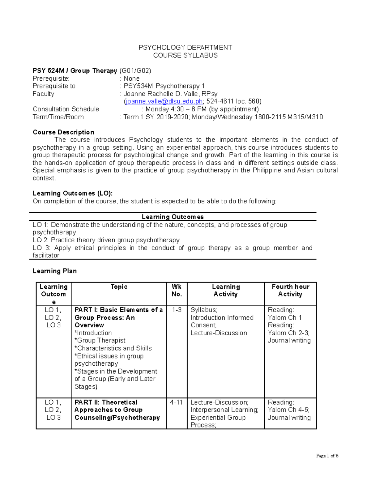 Group Therapy Proposal - PSYCHOLOGY DEPARTMENT COURSE SYLLABUS PSY 524M ...