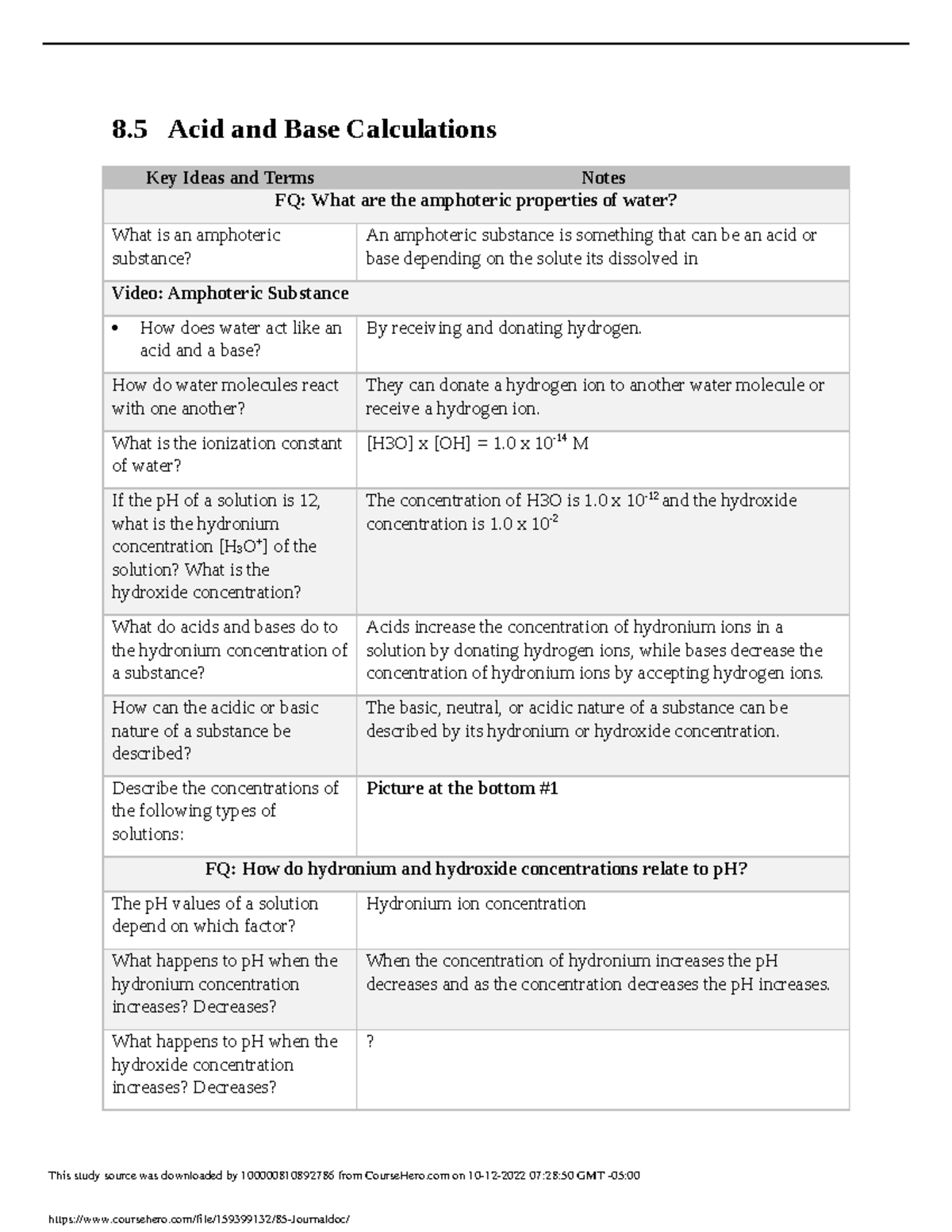 8 - 8.5 journal - 8 Acid and Base Calculations Key Ideas and Terms ...