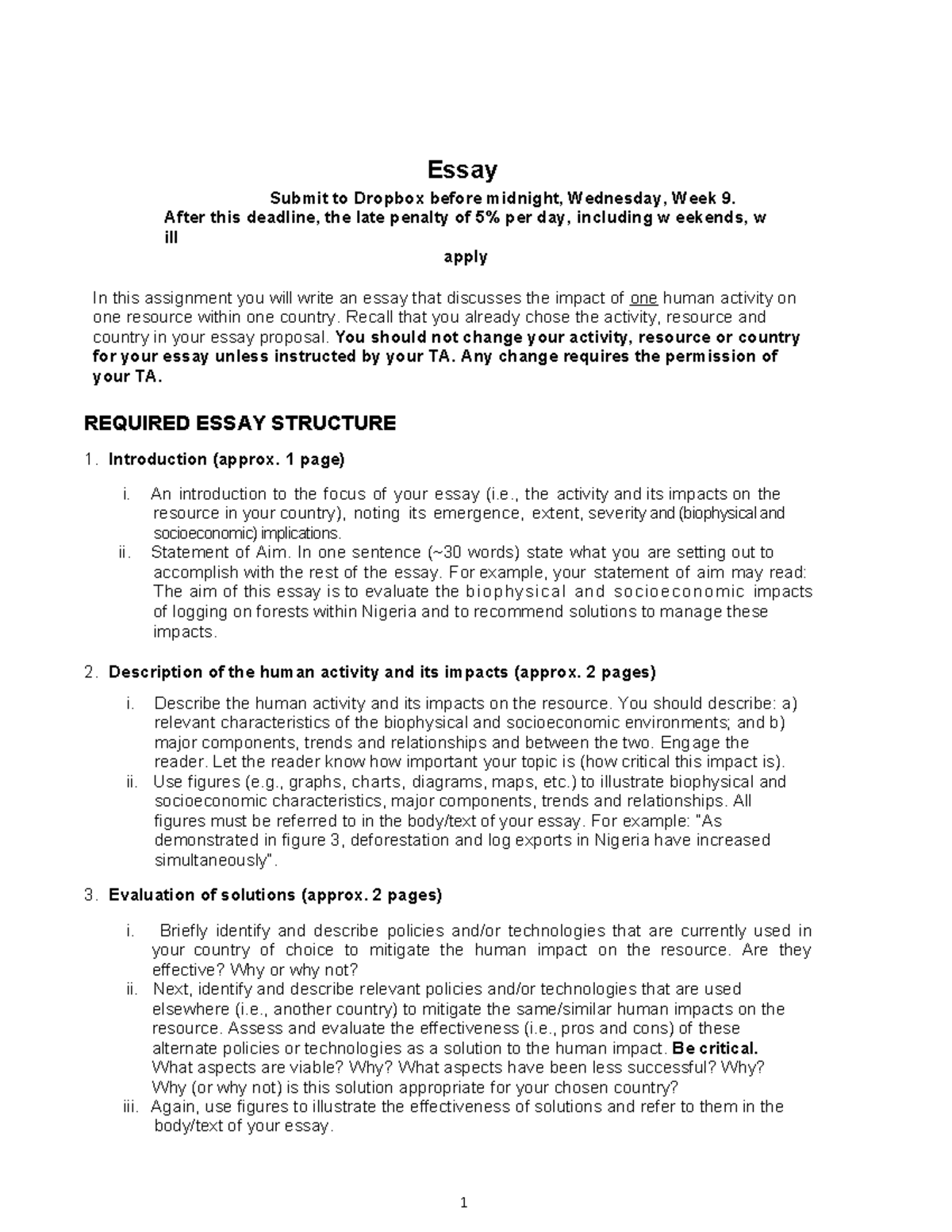 GEOG1220DE Essay Instructions - 1 Essay Submit to Dropbox before ...