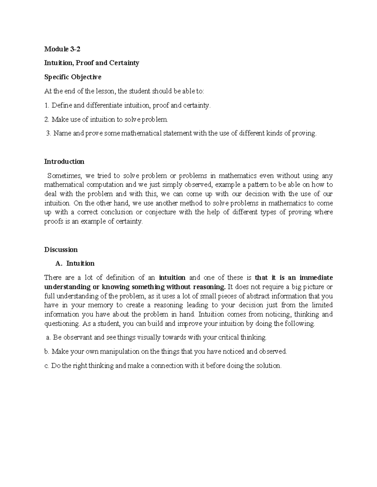 Module 3 - Module 3- Intuition, Proof and Certainty Specific Objective ...