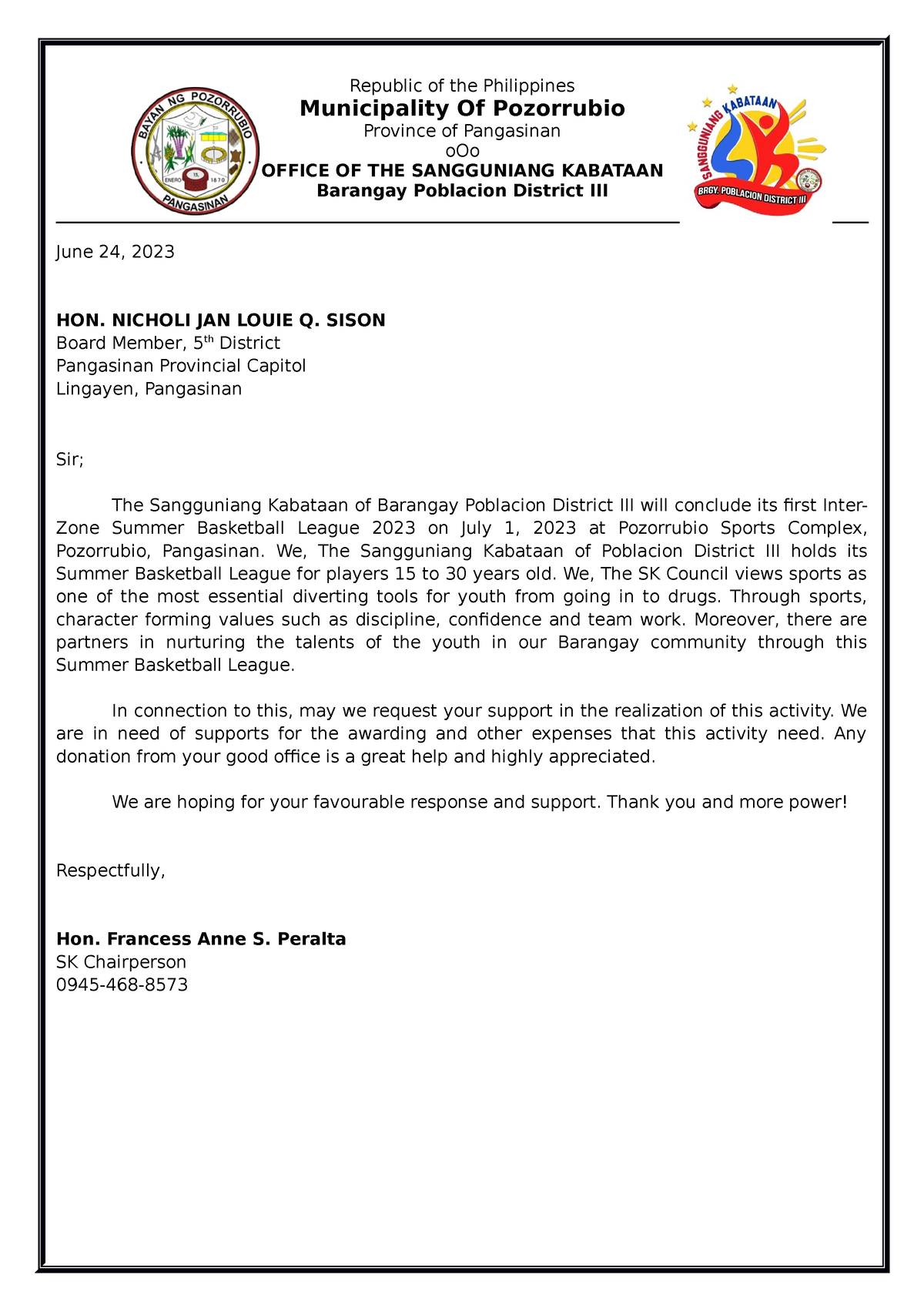 Solicitation Letter Sison Republic of the Philippines Municipality