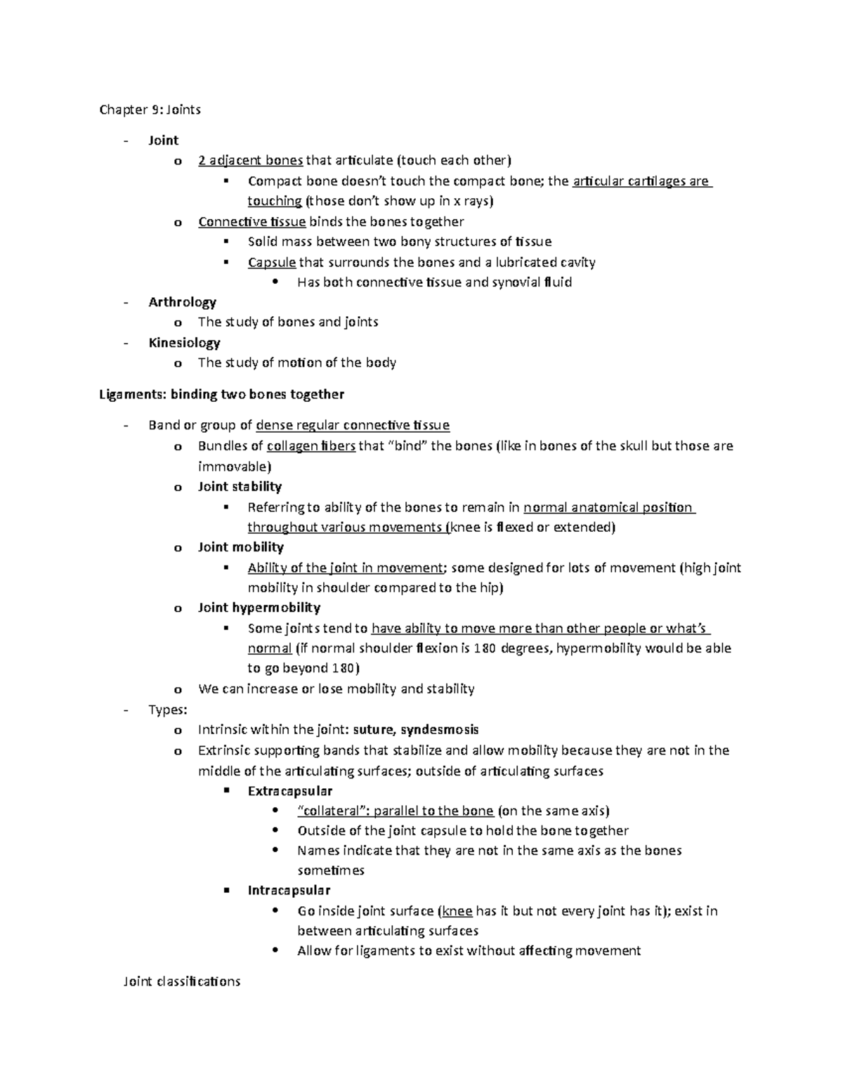 Chapter 9 Joints - Chapter 9: Joints - Joint o 2 adjacent bones that ...