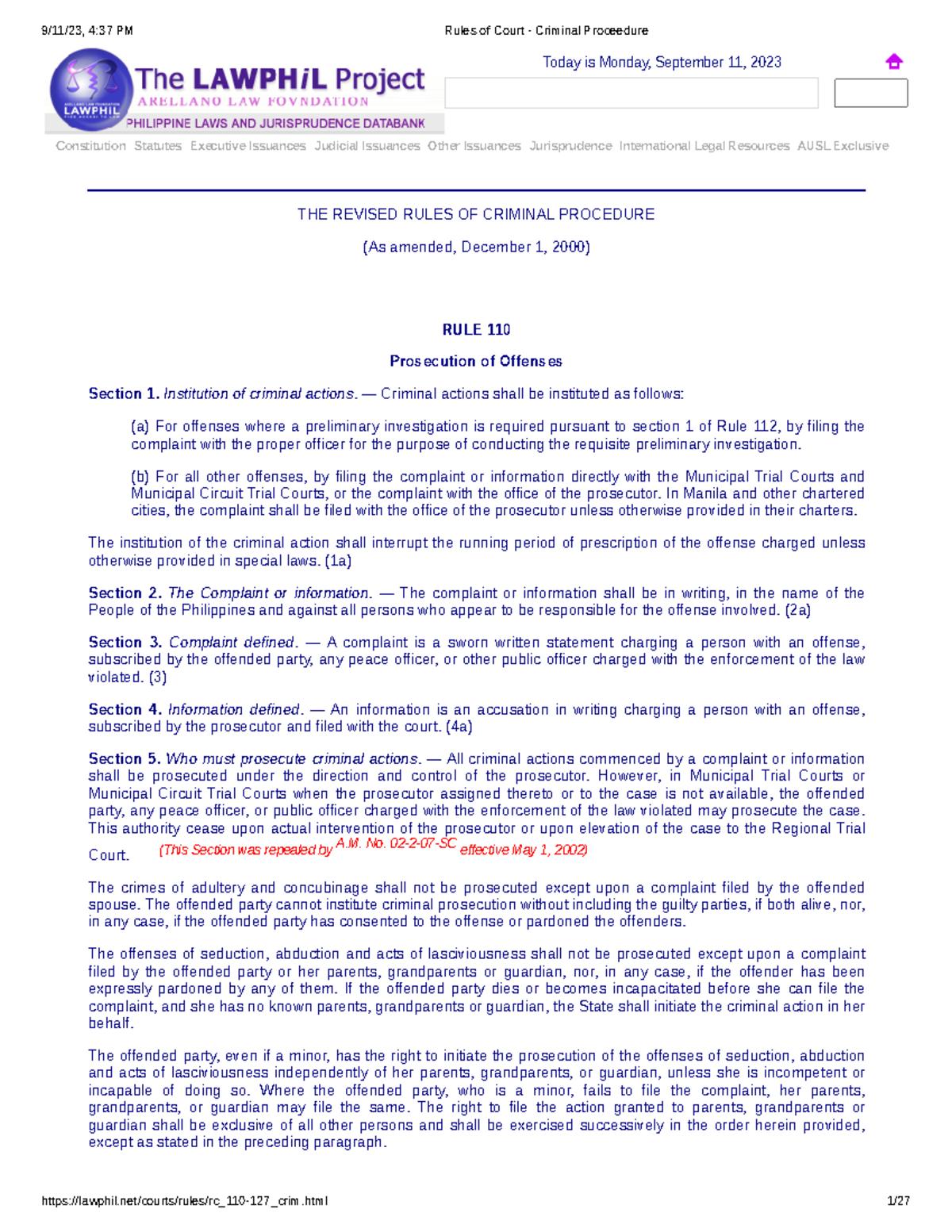 Rules of Court - Criminal Proceedure - Constitution Statutes Executive ...
