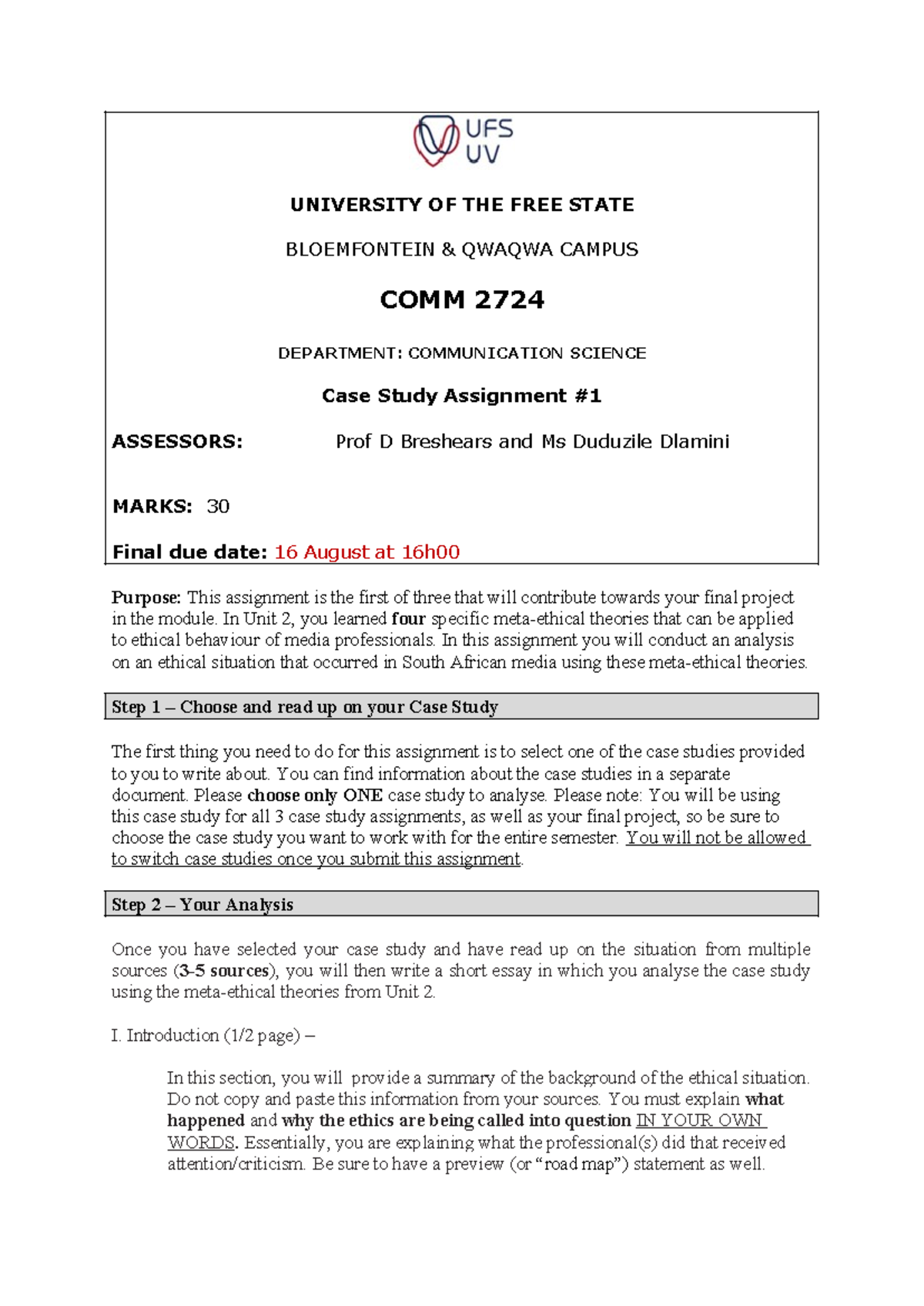 Case Study Assignment 1 2024 - UNIVERSITY OF THE FREE STATE ...