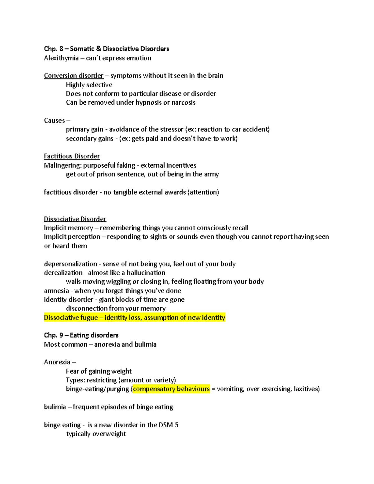 Psychopath Study - notes for exam - Chp. 8 – Somatic & Dissociative ...