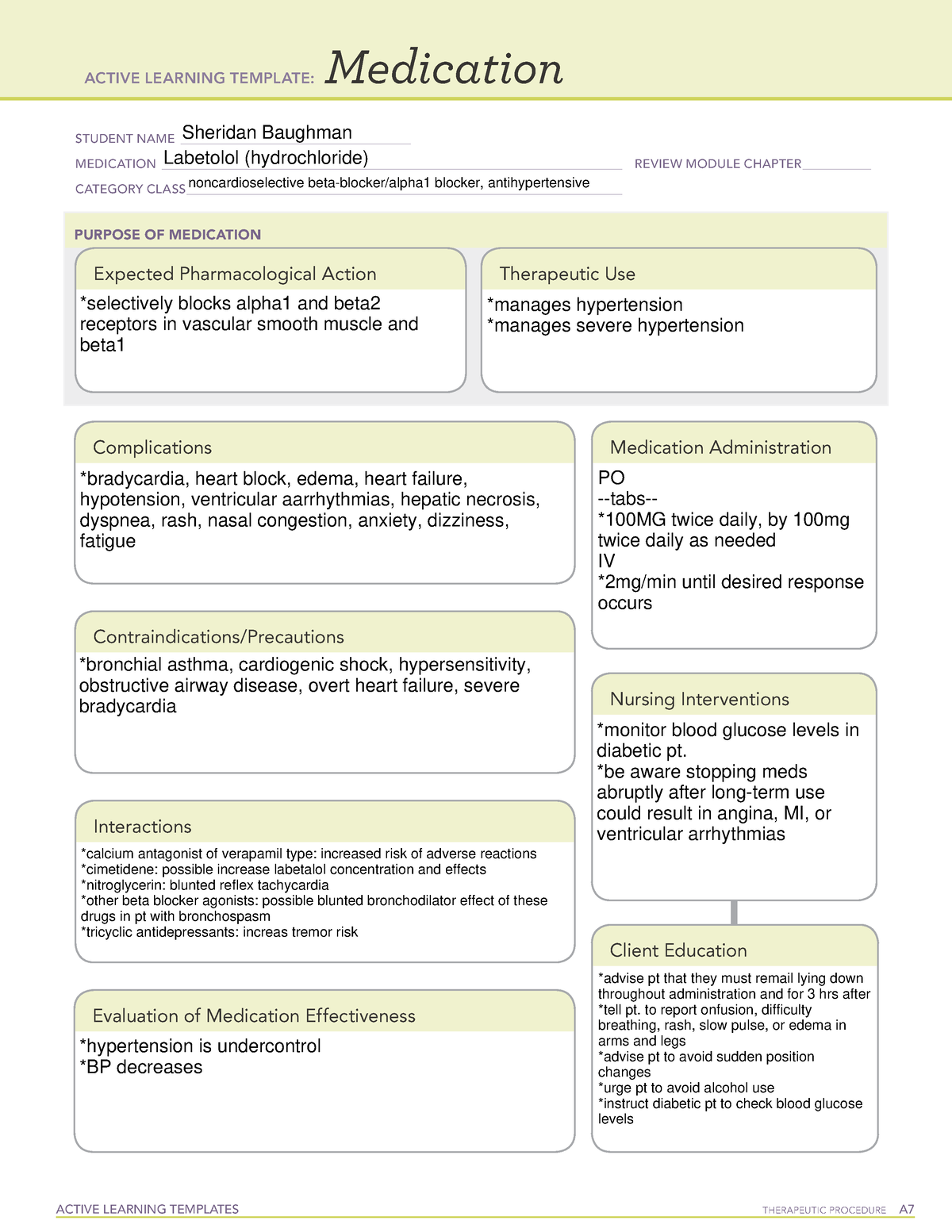 Labetalol drug card ACTIVE LEARNING TEMPLATES THERAPEUTIC PROCEDURE A