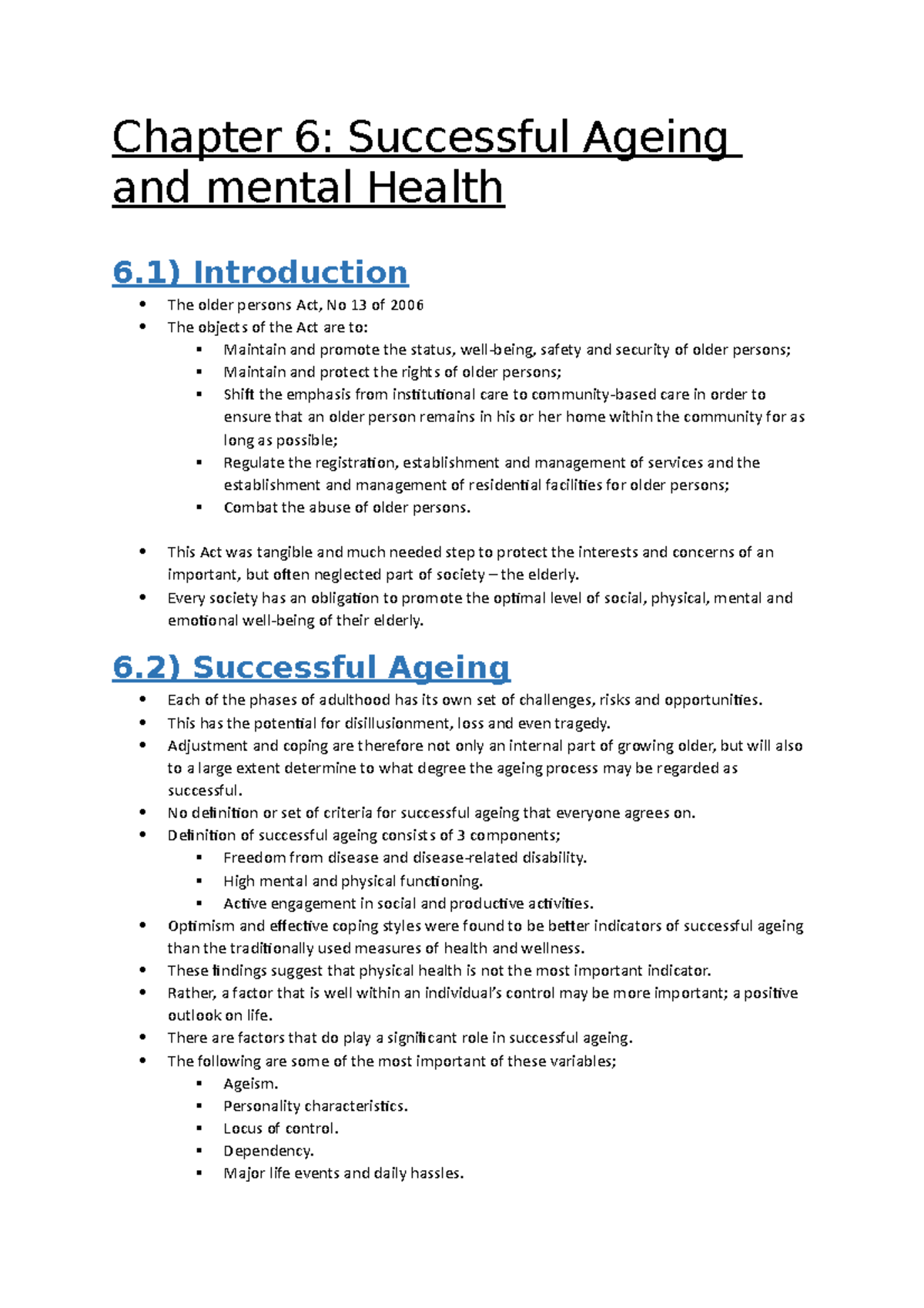 SLK 210 Chapter 6 Notes - Successful Aging And Mental Health. Adult ...