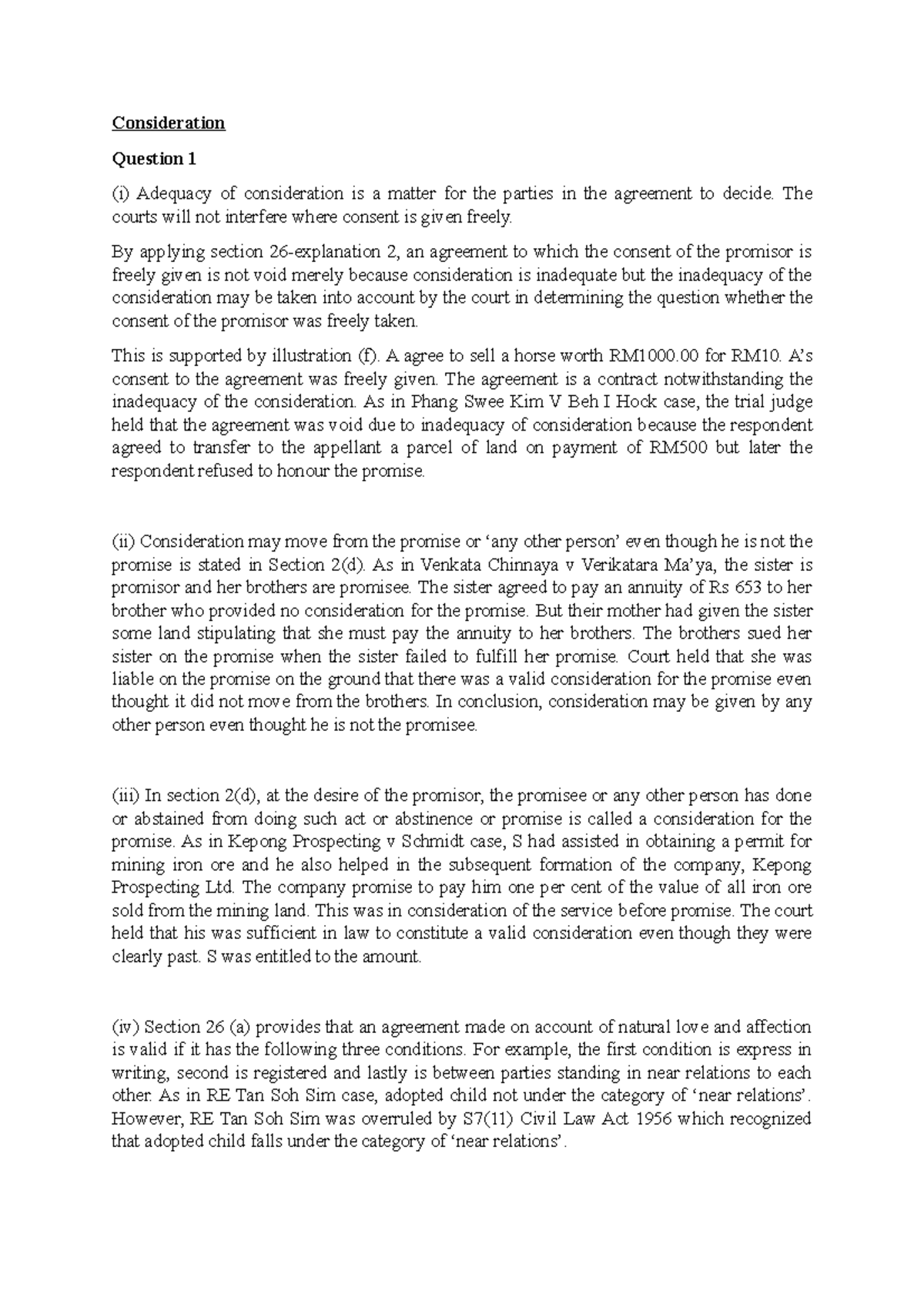 Tutorial 4 Consideration and Intention Consideration Question 1 (i) Adequacy of consideration