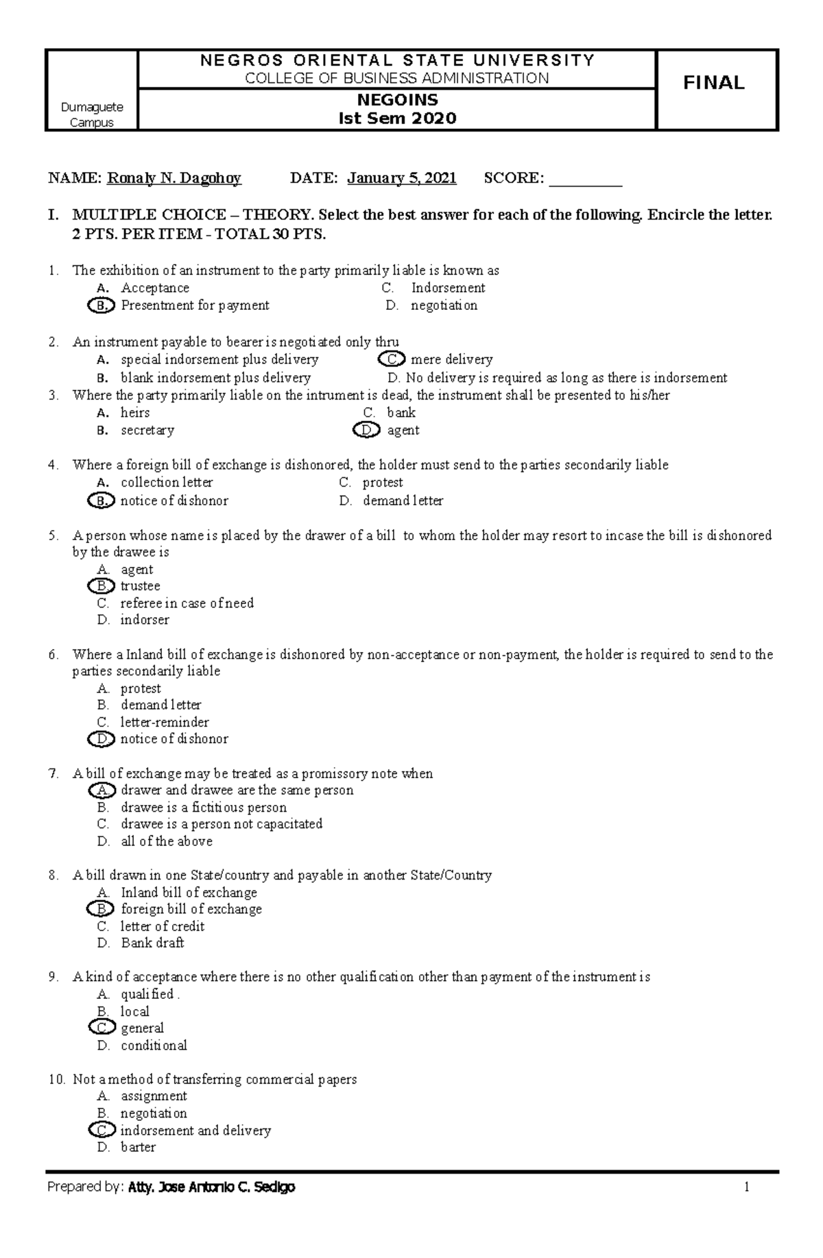 Negotiabel Instrument final exam - Law and Related Studies - Studocu
