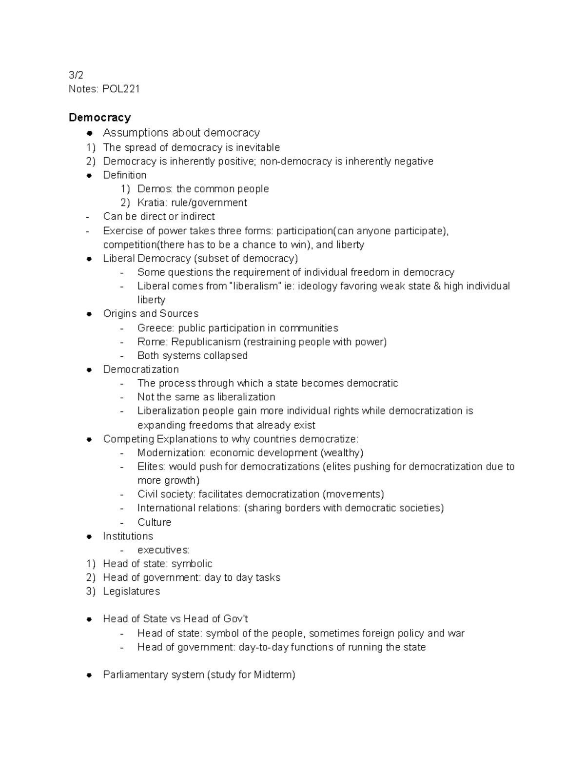 POL221 Notes Dr. Wainscott 3/ Notes POL Democracy Assumptions