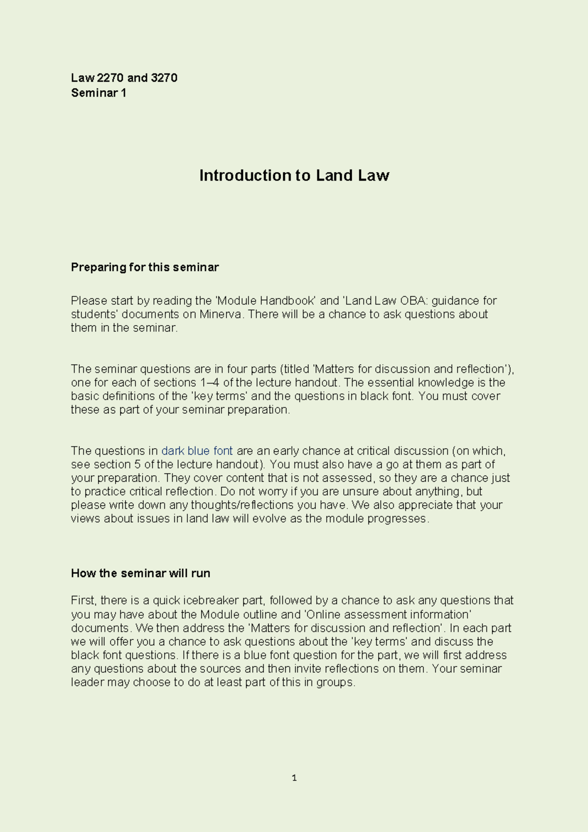 Land 1 (Intro to Land Law) - Seminar (2024) - Law 2270 and 3270 Seminar ...
