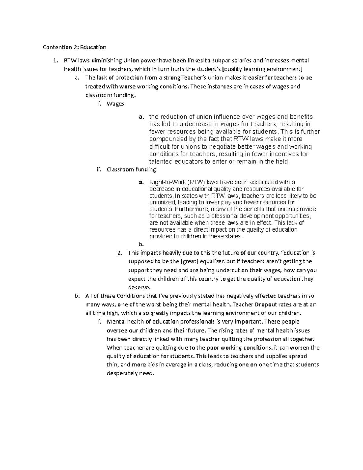 Contention 2 Notes Contention 2 Education RTW laws diminishing