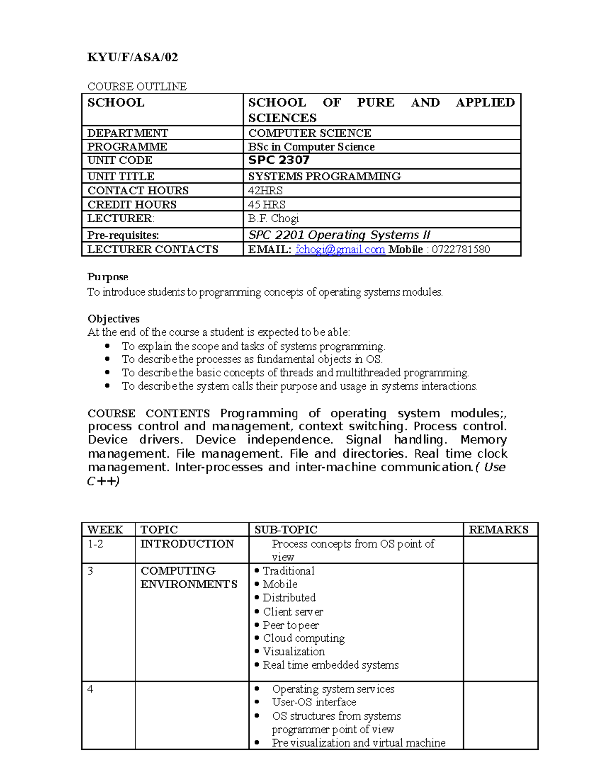 SPC2306 Systems Programming course outline - KYU/F/ASA/ COURSE OUTLINE ...