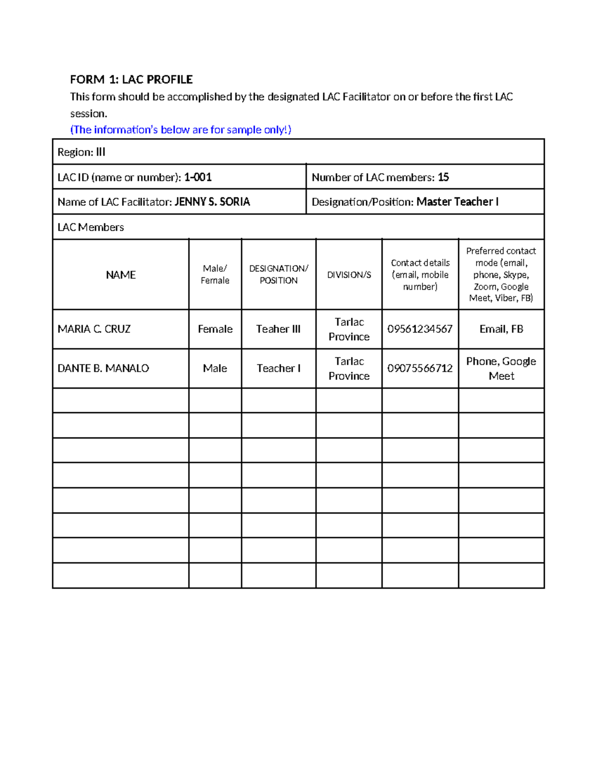 FORM-1 -LAC- Profile - n/a - FORM 1: LAC PROFILE This form should be ...