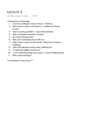 Intro to sociology 1 - Lecture notes 1-3 - I. What Is Sociology? The ...