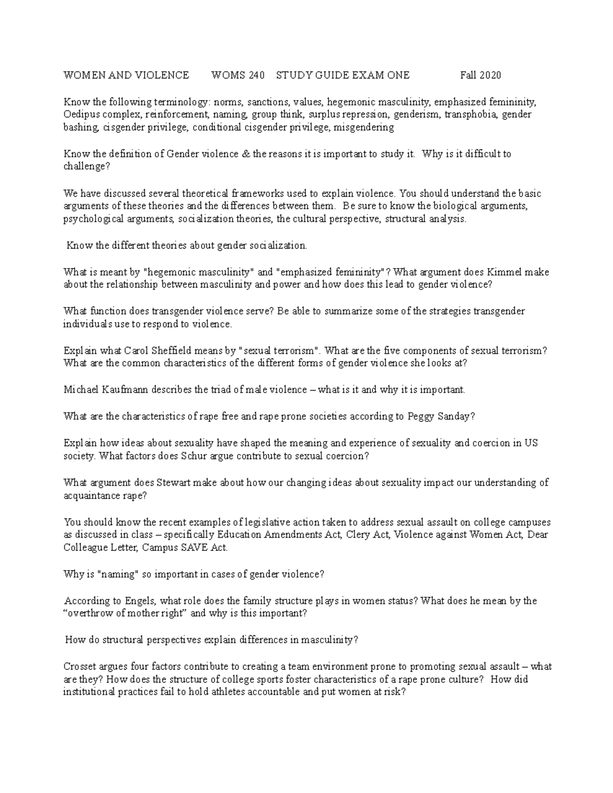 240 Exam One study guide F2020 - WOMEN AND VIOLENCE WOMS 240 STUDY ...