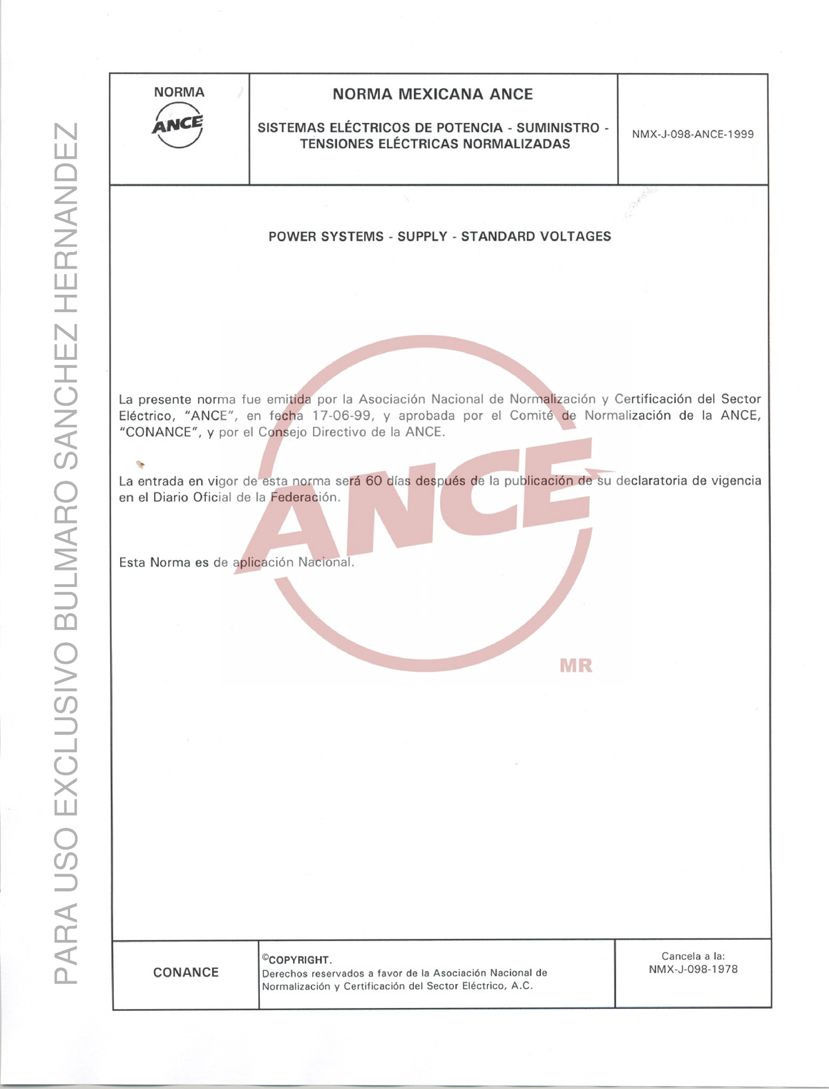 NMX J 098 ANCE 1999 - NORMA ~ C/ NORMA MEXICANA ANCE SISTEMAS ...