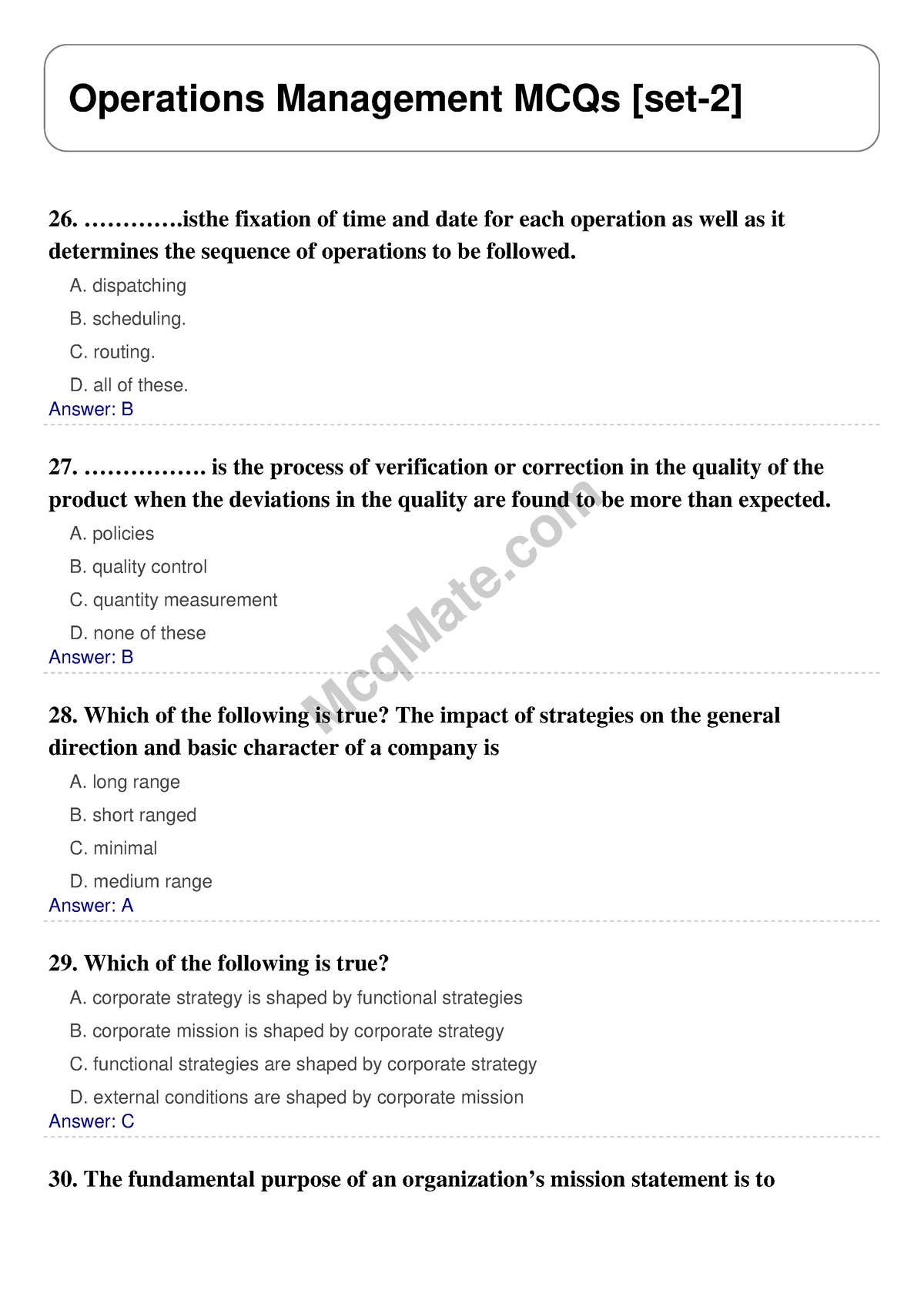 Operations Management Solved MCQs [set-2] Mcq Mate.com - McqMate ...