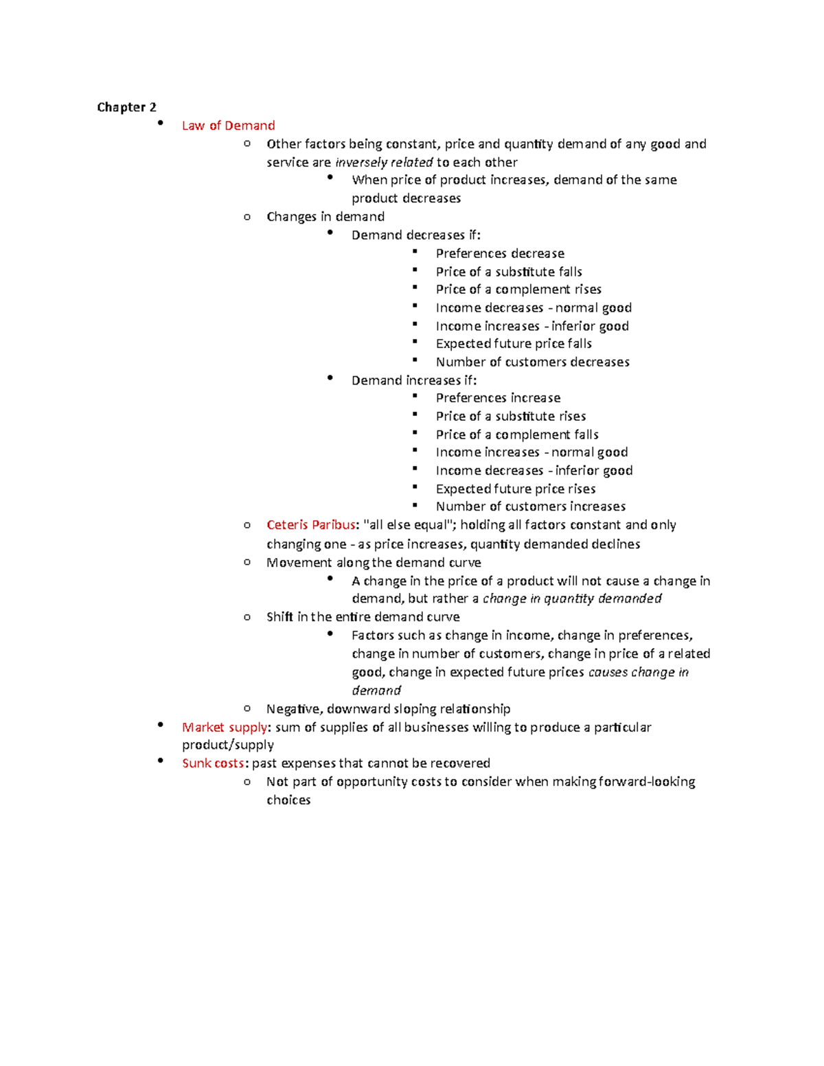 Chapter 2 - Chapter 2 Law of Demand o Other factors being constant ...